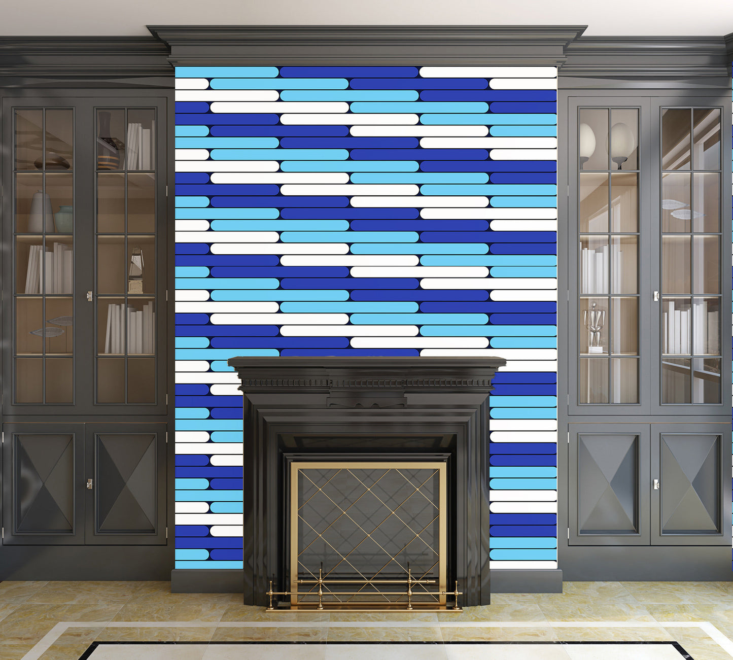 Staggered Blues and White Line Pattern - Peel and Stick Removable Wallpaper Full Size Wall Mural - PIPAFINEART