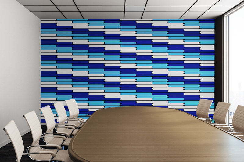 Staggered Blues and White Line Pattern - Peel and Stick Removable Wallpaper Full Size Wall Mural - PIPAFINEART
