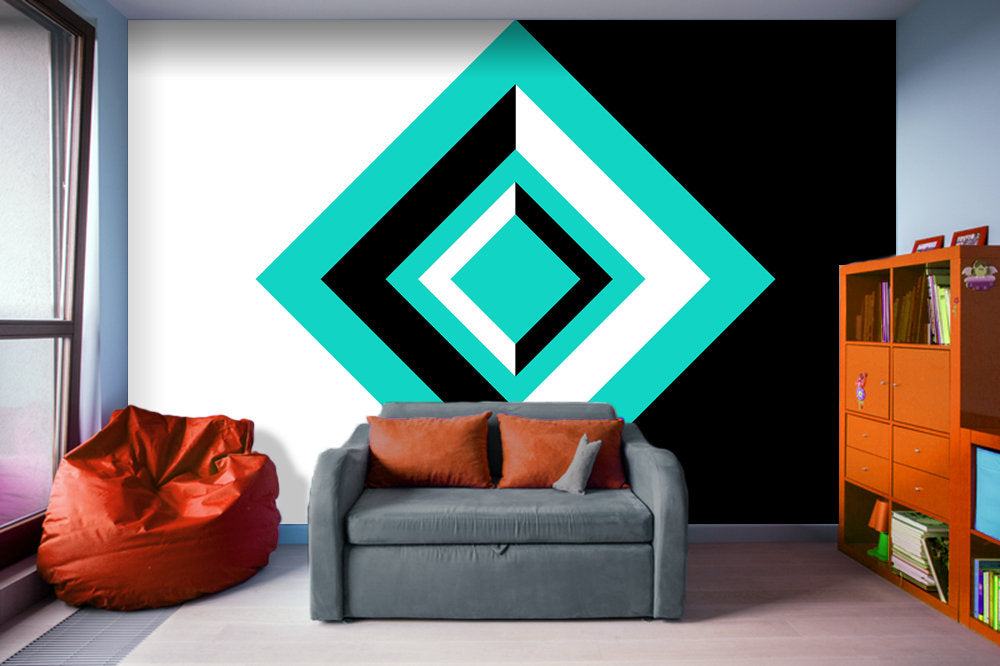 Teal, Black, and White Geometric Shapes - Peel and Stick Removable Wallpaper Full Size Wall Mural - PIPAFINEART