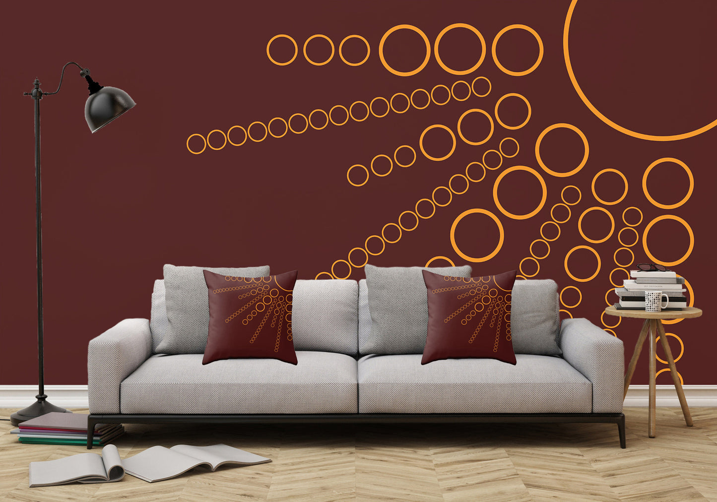 Golden Sunburst on Burgundy Illustration - Peel and Stick Removable Wallpaper Full Size Wall Mural - PIPAFINEART