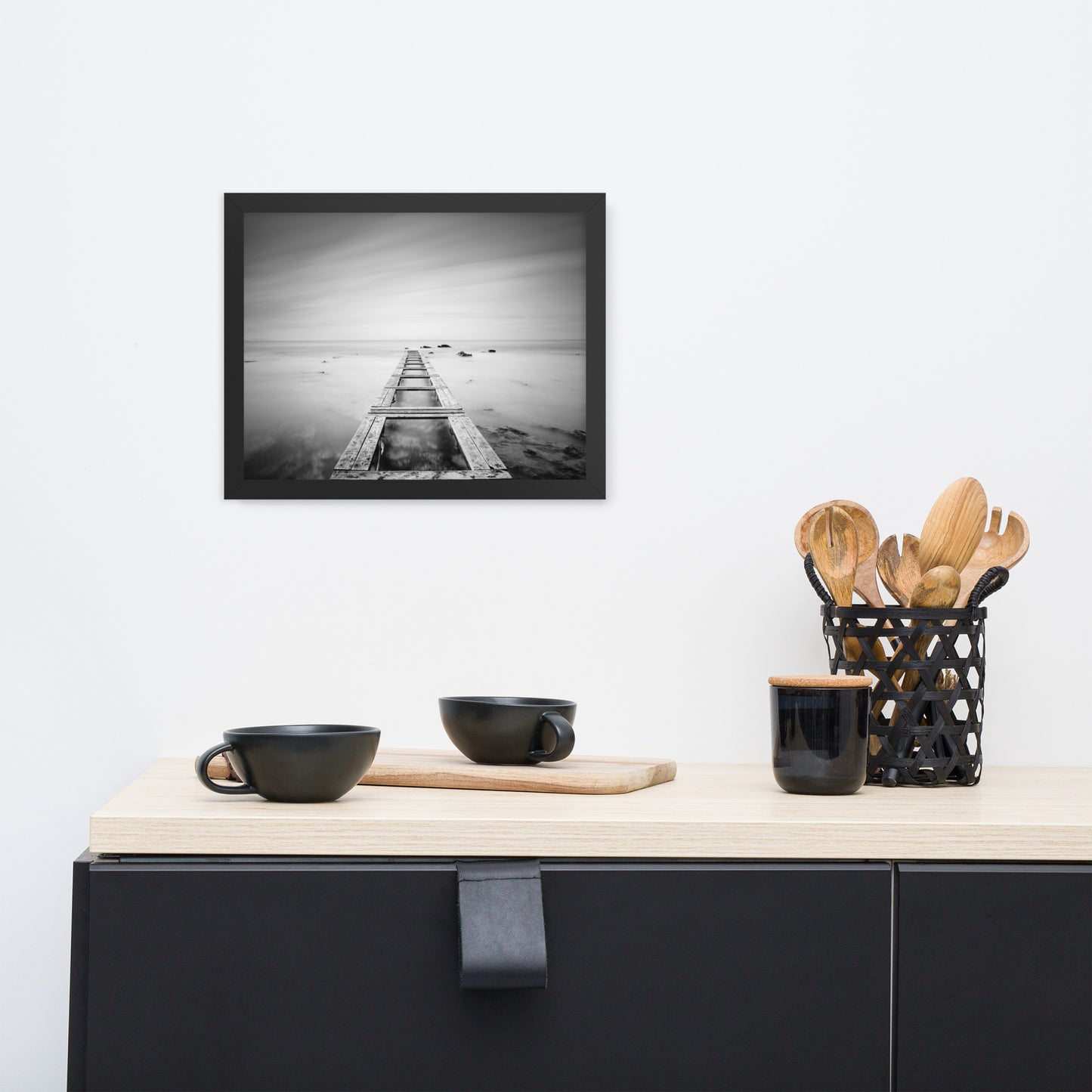 Moody Ocean and Sky Wooden Pier Black and White Framed Wall Art Prints