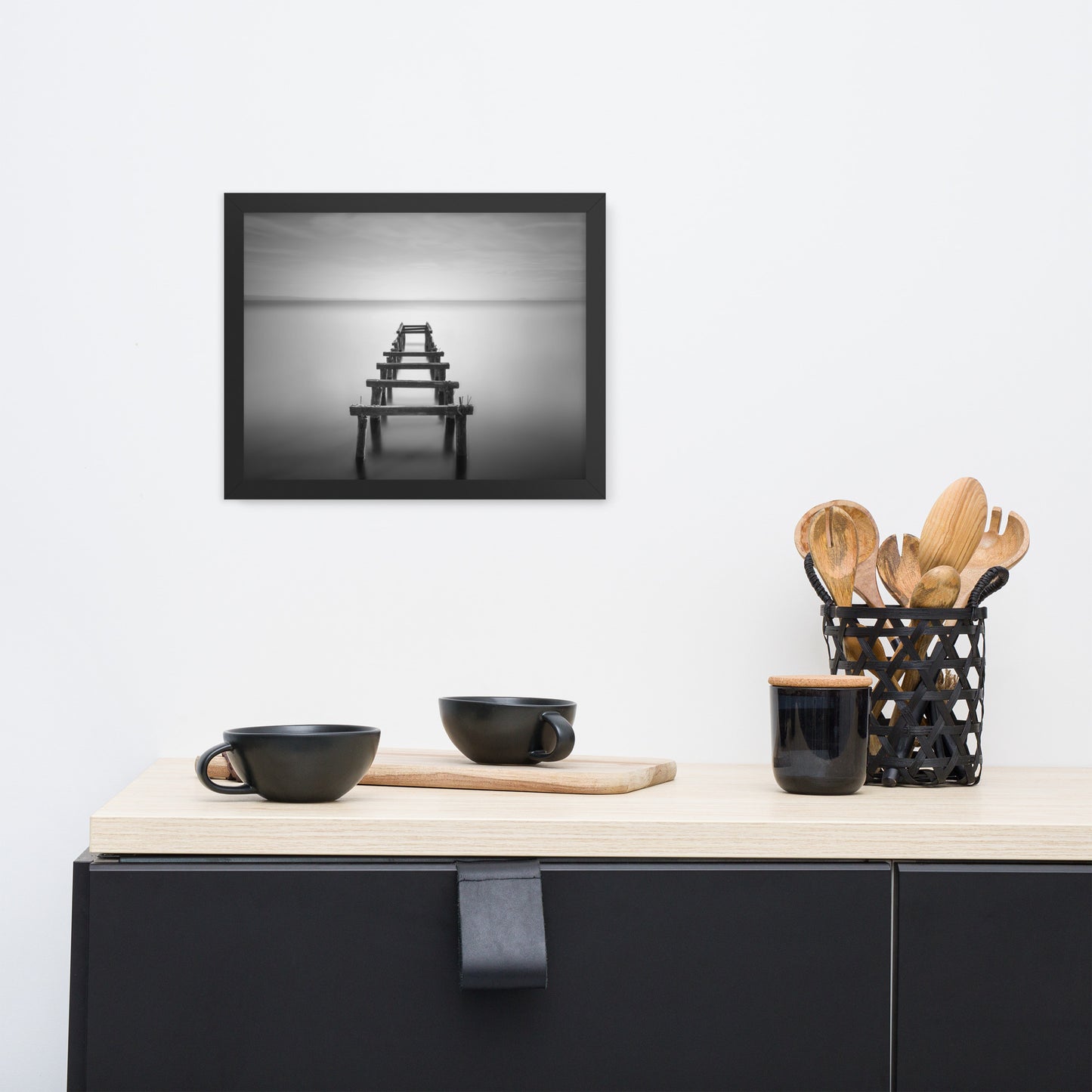 Soft Lake and Abandoned Pier Black and White Framed Wall Art Prints