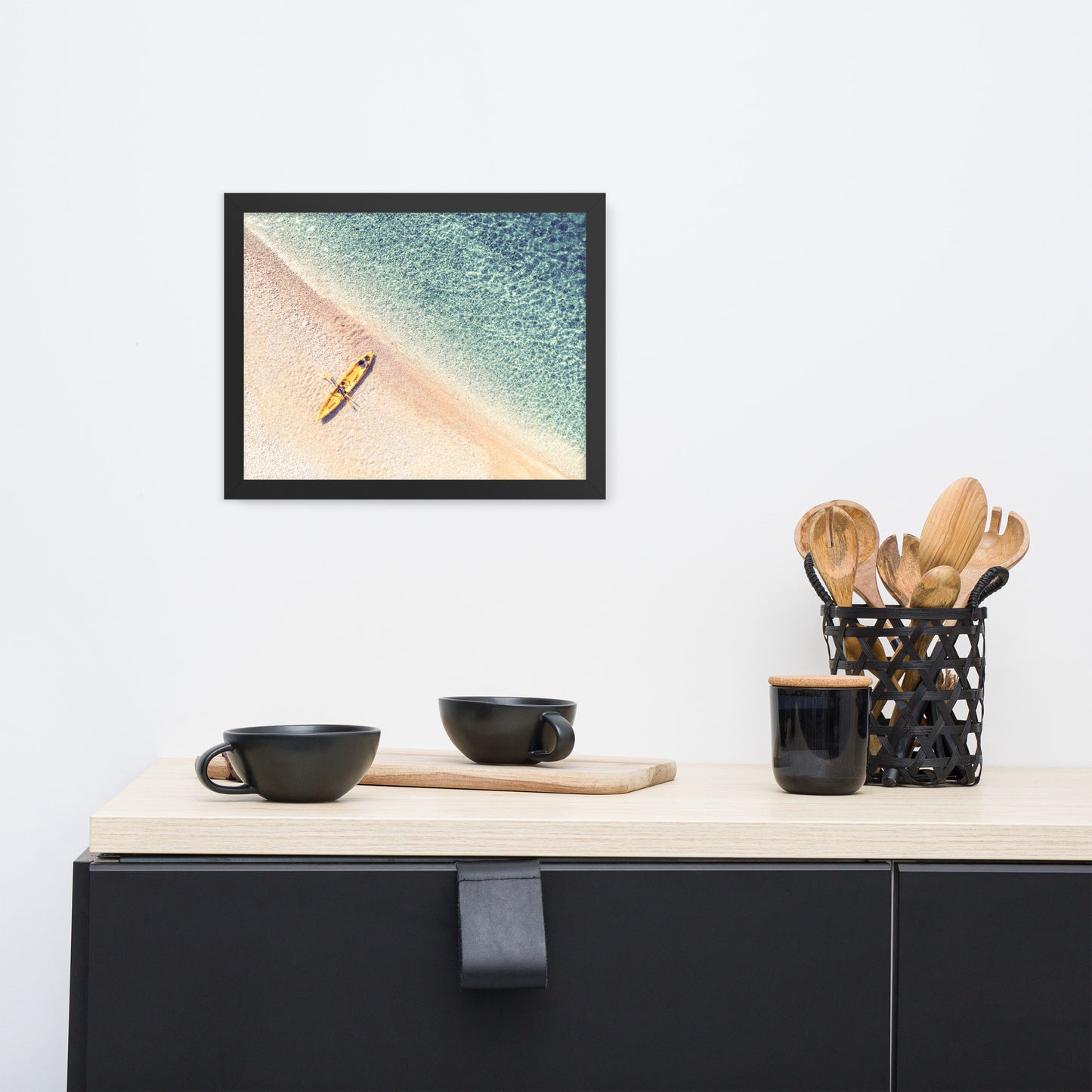 Yellow Canoe and Blue Sea by with Soft Violet Effect Framed Wall Art Prints