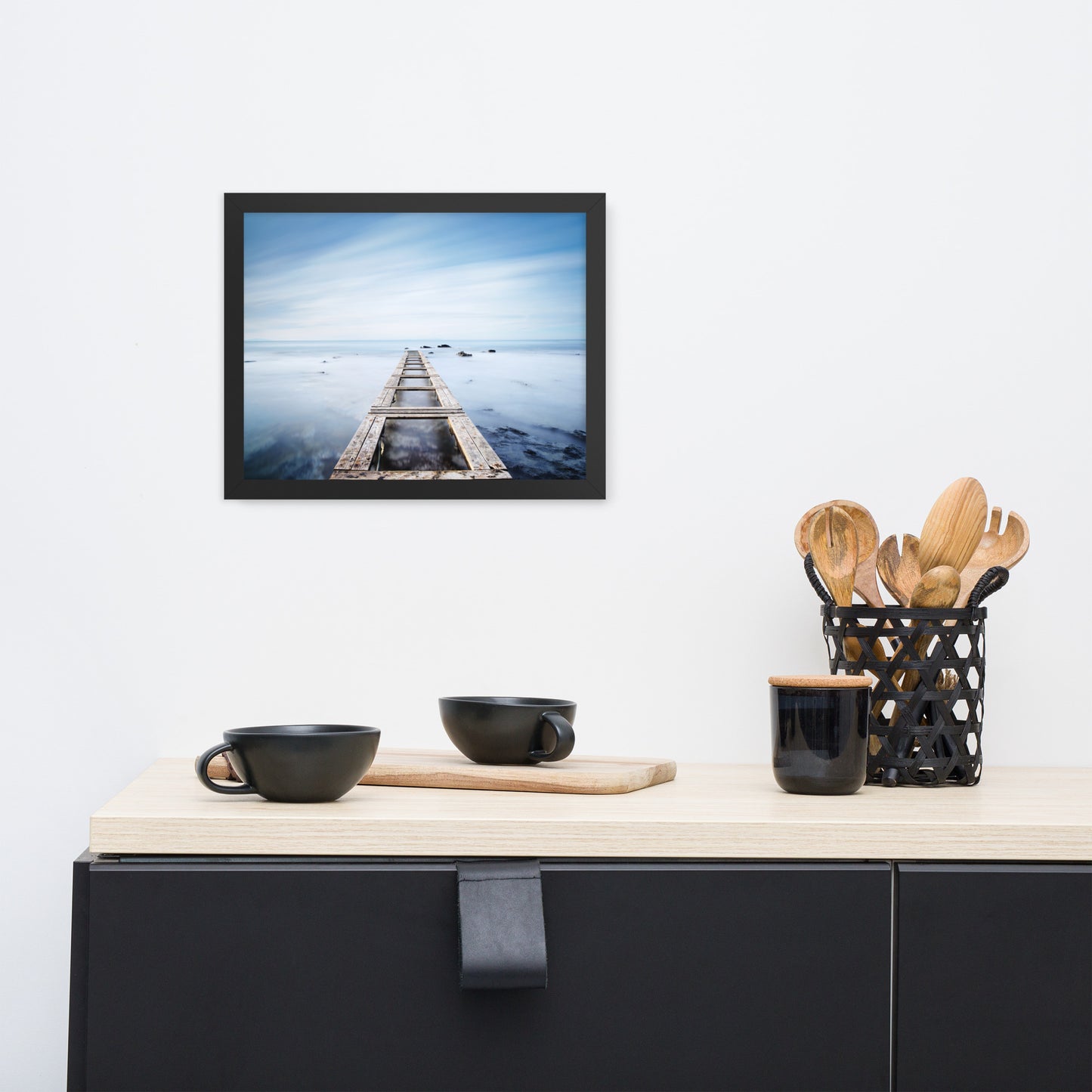 Moody Ocean and Sky Wooden Pier Framed Wall Art Prints