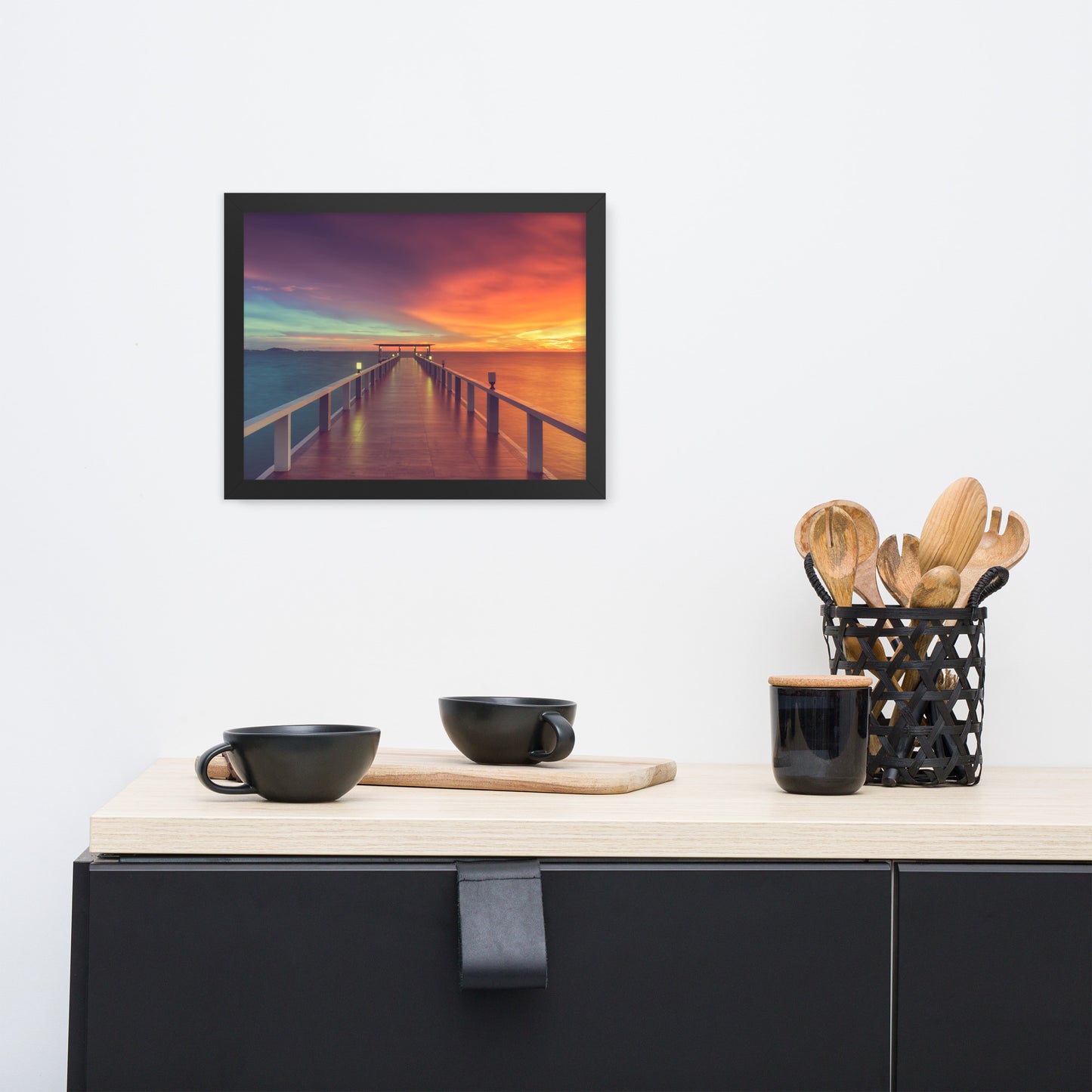Beach Scene Framed Pictures: Surreal Wooden Pier At Sunset with Intrigued Effect - Coastal / Seascape / Nature / Landscape Photo Framed Artwork - Wall Decor