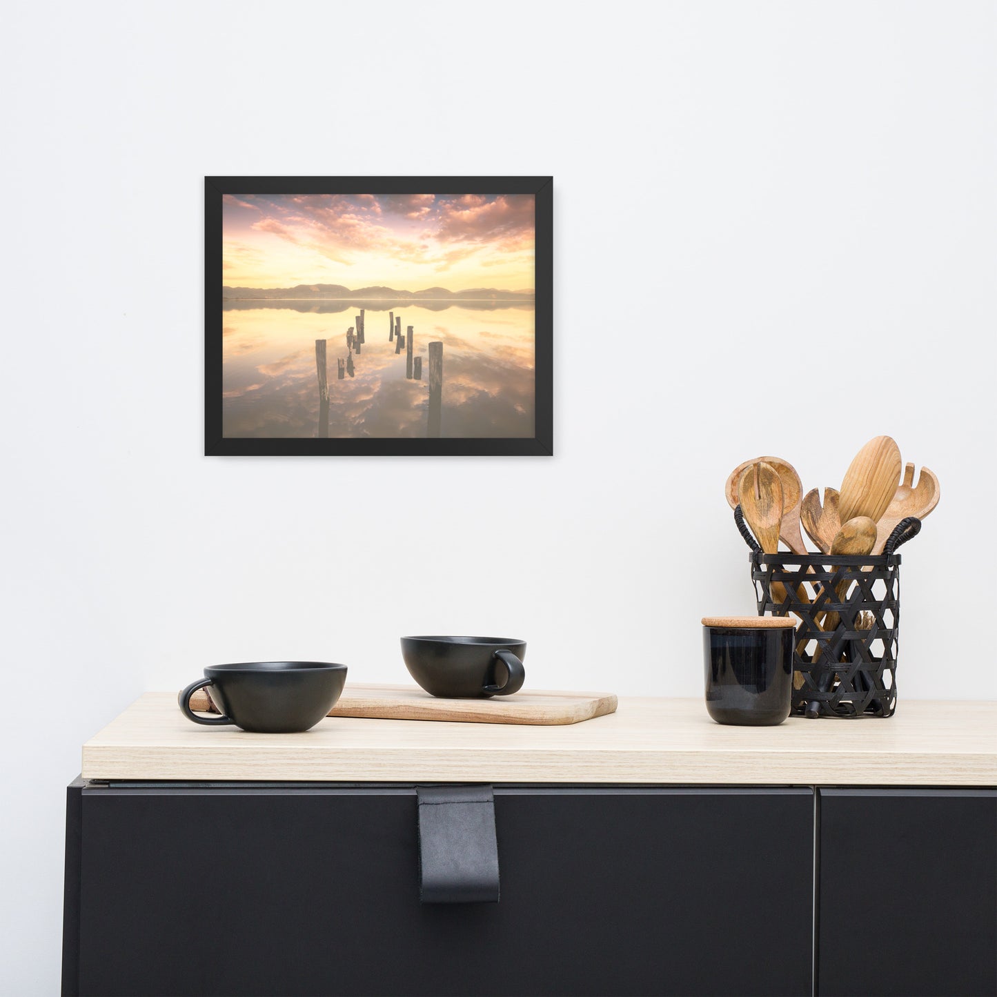 Sunset Pillars and Reflections on Lake Framed Wall Art Print