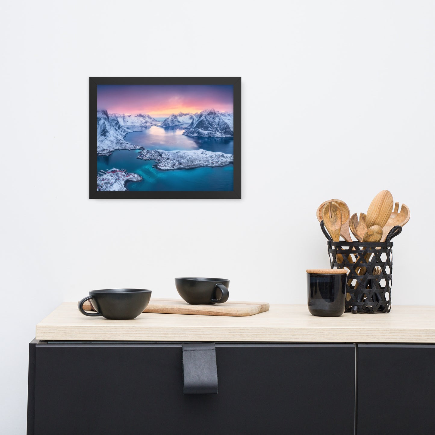 Reine at Winter Sunset Icy Mountain Framed Wall Art Print