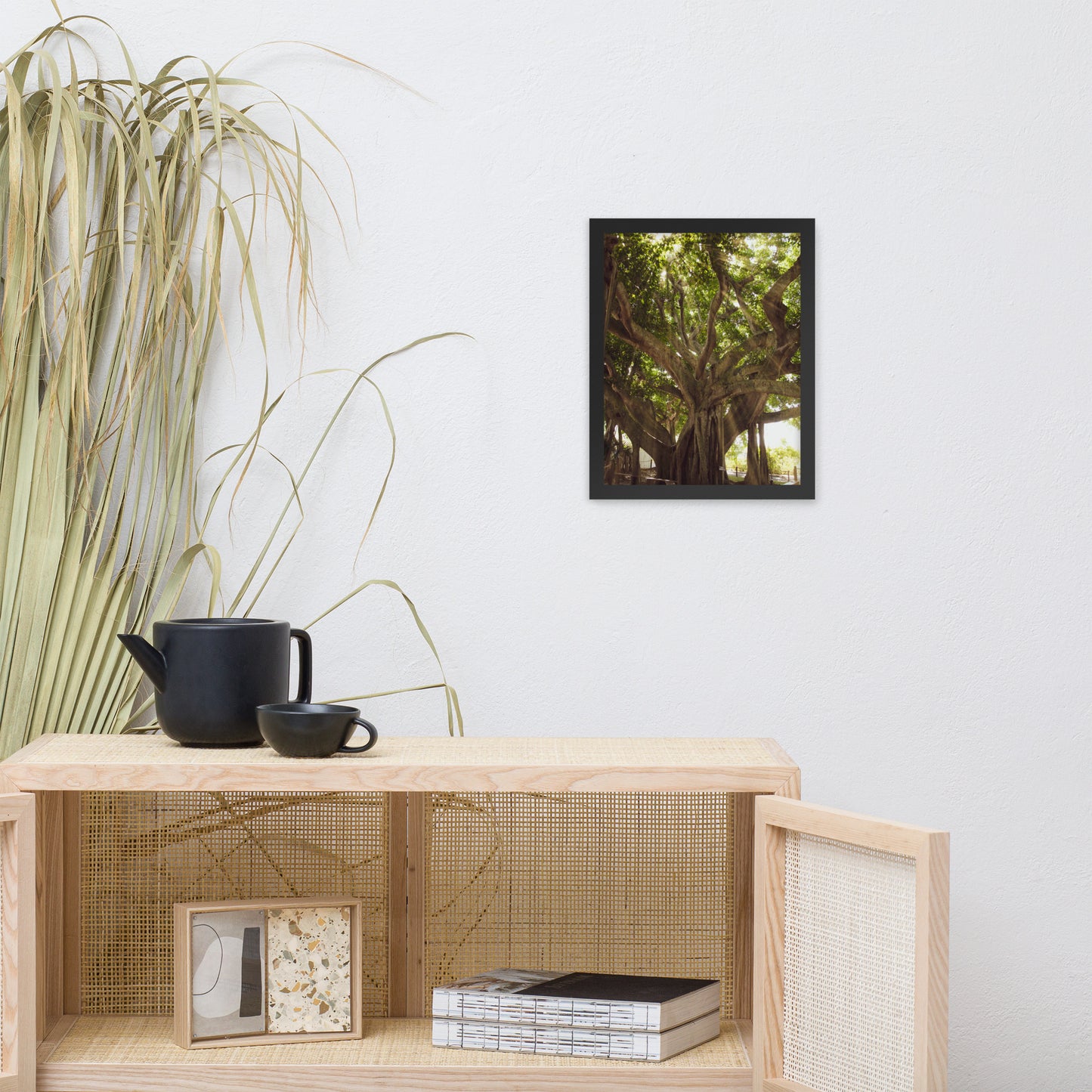 Banyan Tree With Glory Rays of Sunlight Tropical Botanical Nature Photo Framed Wall Art Print