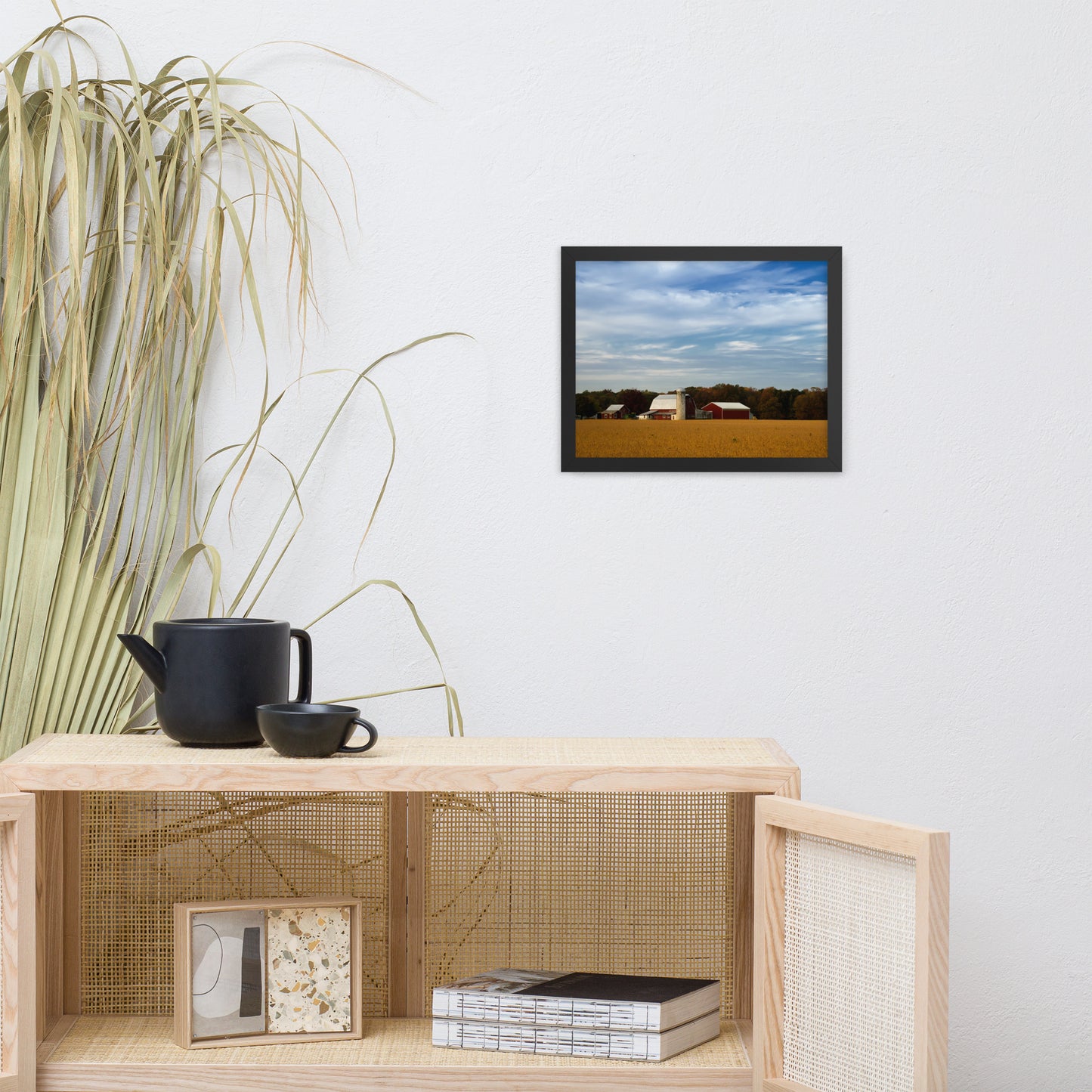 Red Barn in Golden Field Rural Landscape Framed Photo Paper Wall Art Prints