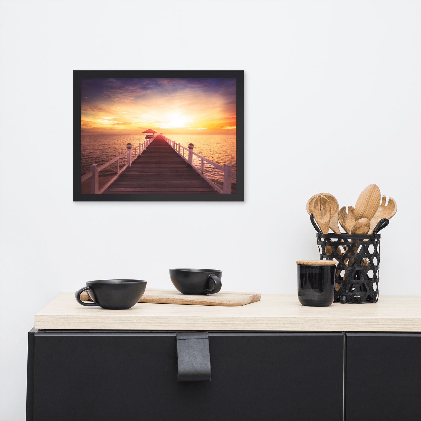 Surreal Wooden Pier at Sunset Framed Wall Art Print
