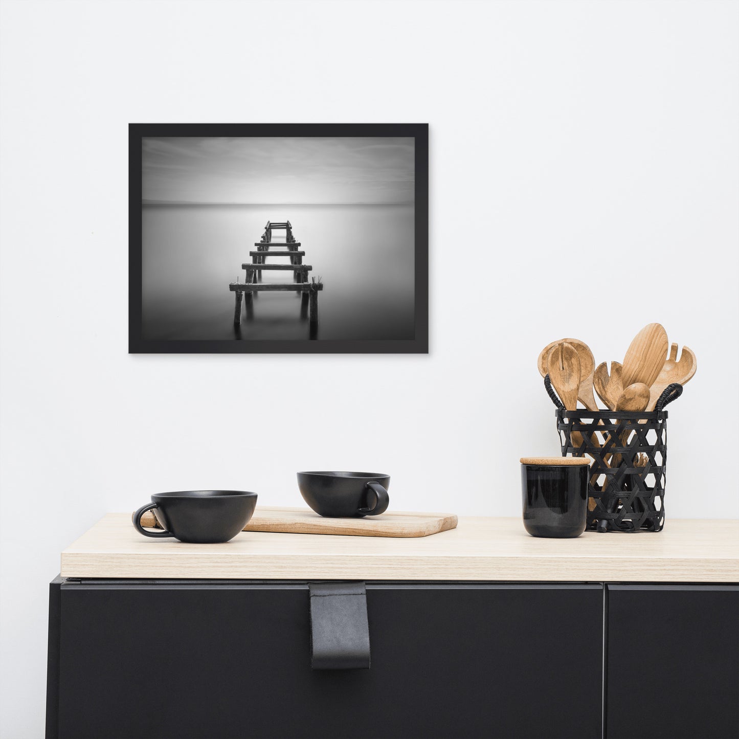 Soft Lake and Abandoned Pier Black and White Framed Wall Art Prints