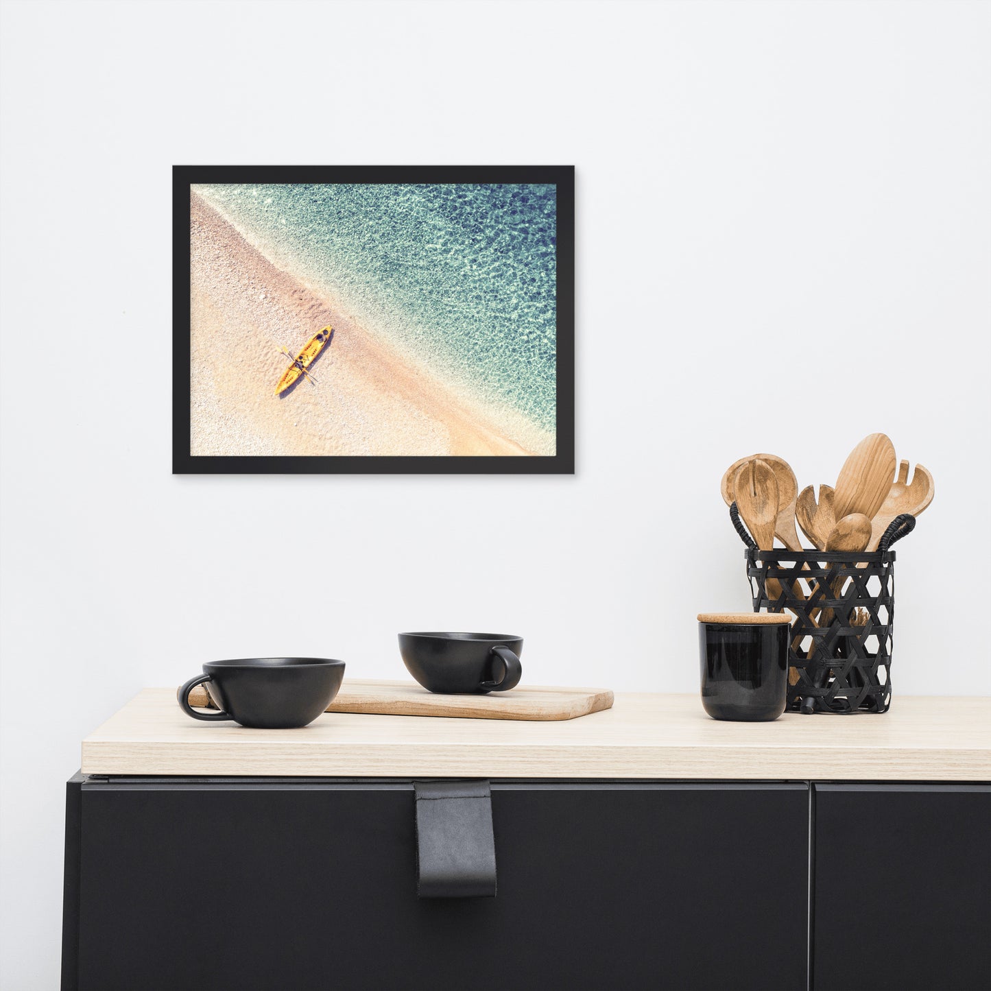 Yellow Canoe and Blue Sea by with Soft Violet Effect Framed Wall Art Prints