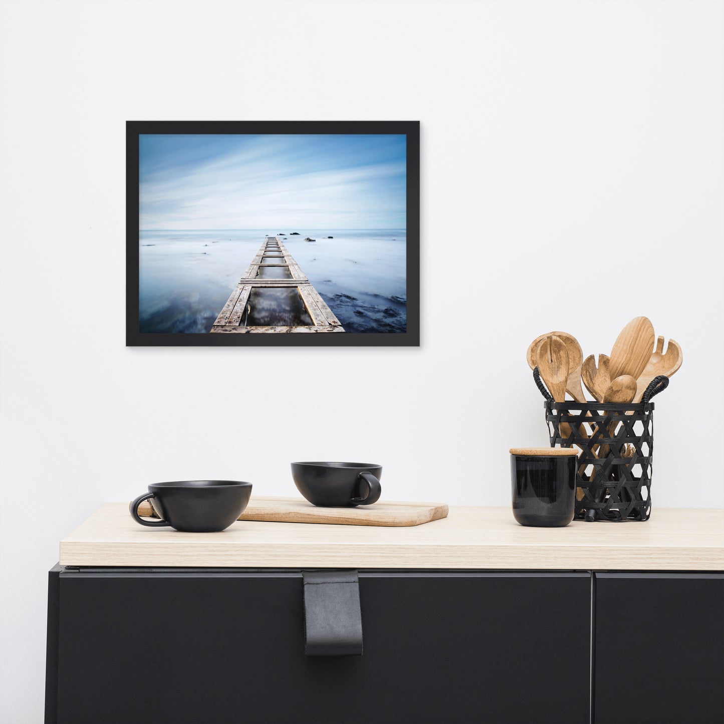 Moody Ocean and Sky Wooden Pier Framed Wall Art Prints