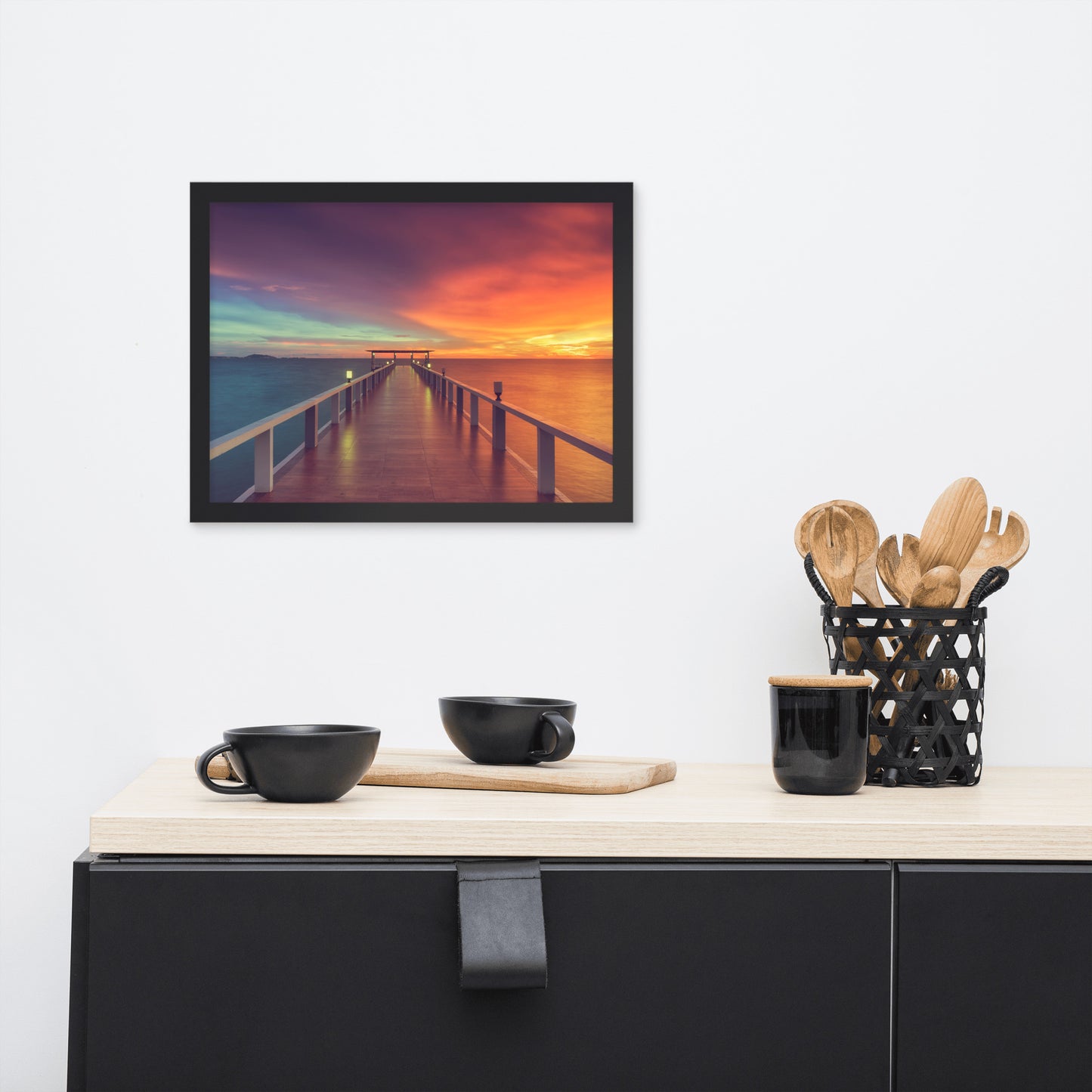 Beach Scene Prints Framed: Surreal Wooden Pier At Sunset with Intrigued Effect - Coastal / Seascape / Nature / Landscape Photo Framed Artwork - Wall Decor
