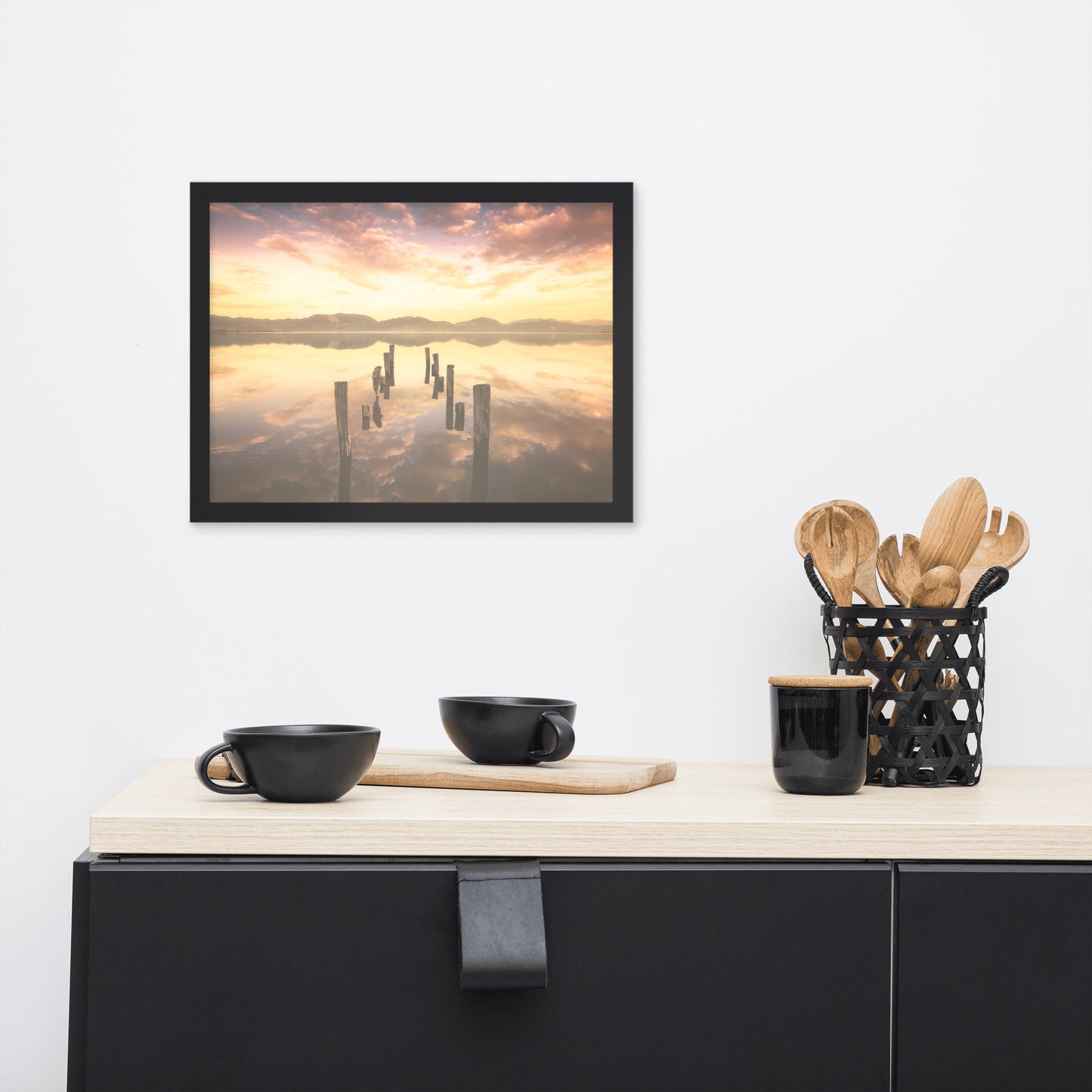 Sunset Pillars and Reflections on Lake Framed Wall Art Print
