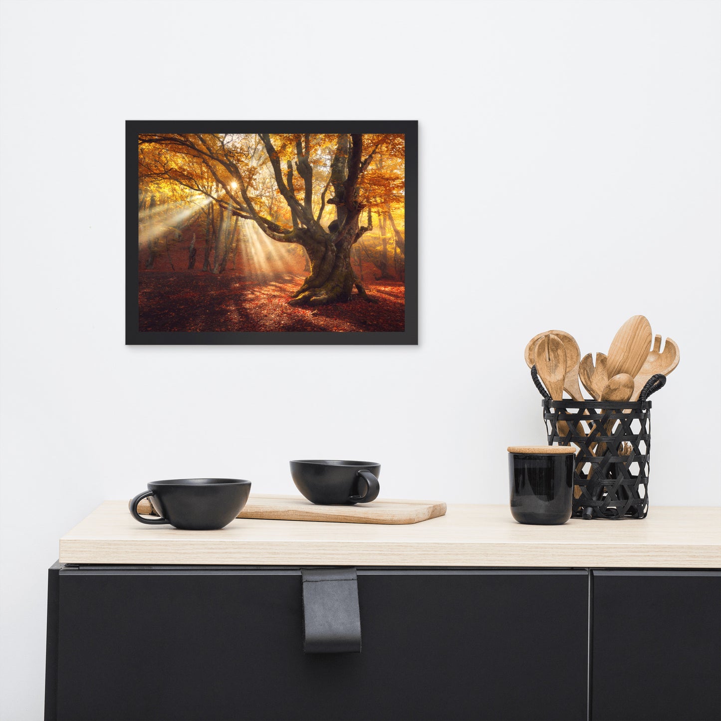 Old Magical Tree in Forest with Glory Rays Framed Wall Art Print