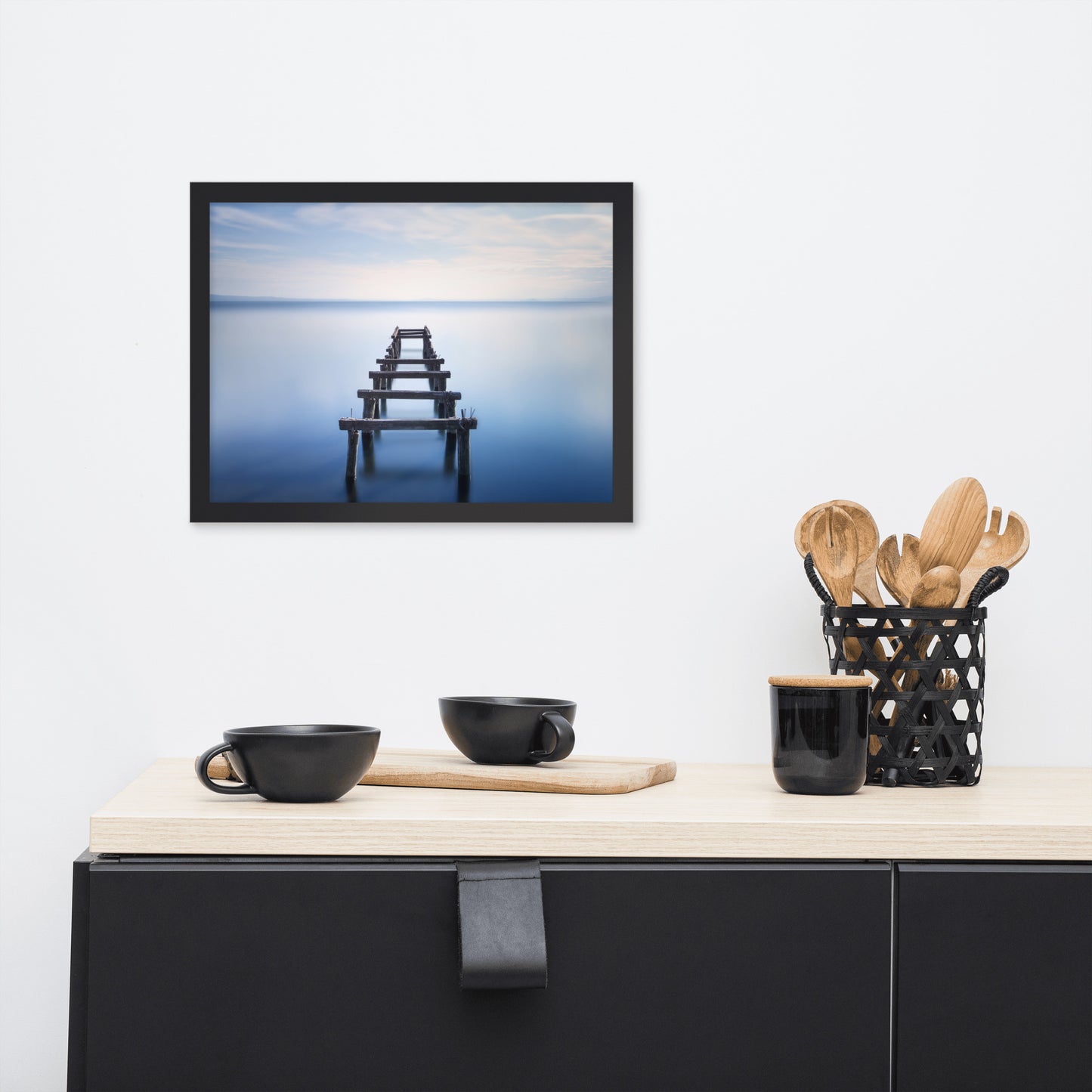 Soft Blue Lake and Abandoned Pier Landscape Photo Framed Wall Art Prints