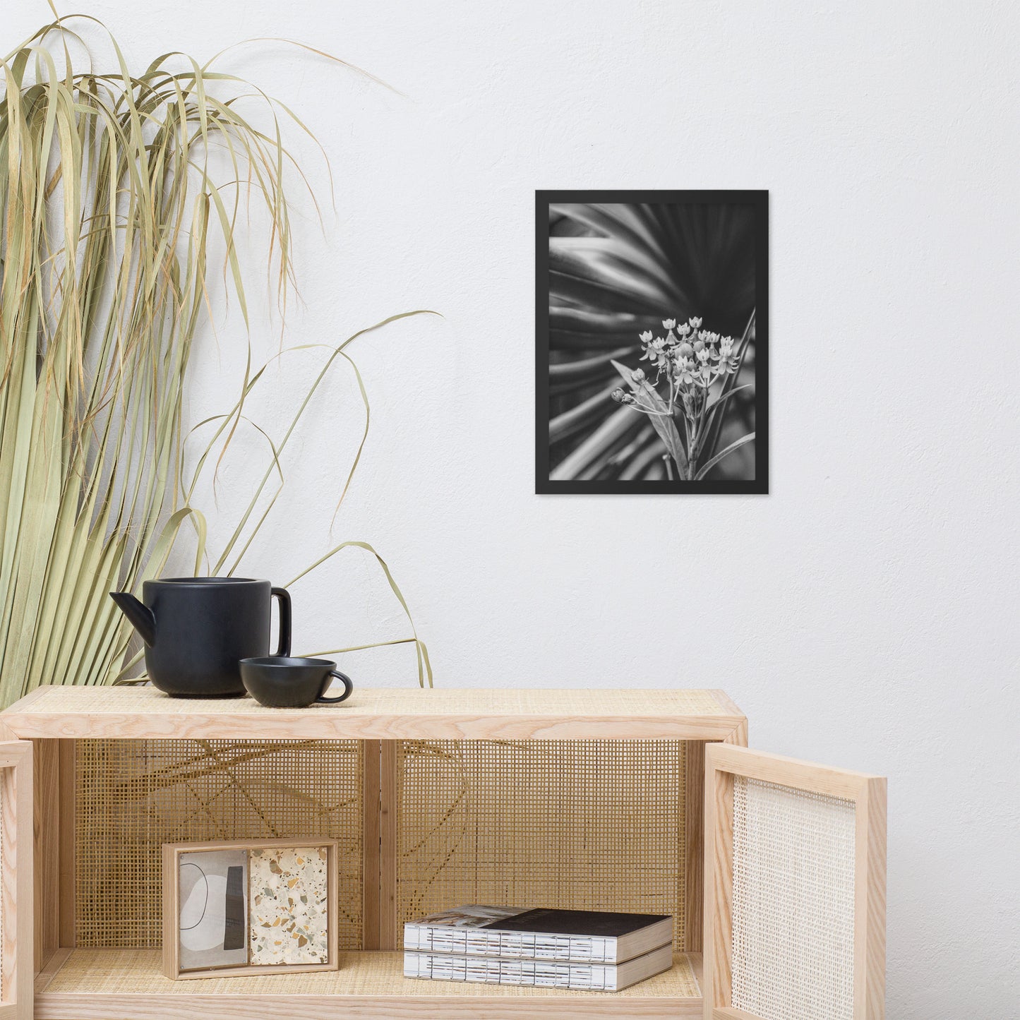 Bloodflowers and Palm Black and White Framed Wall Art Print