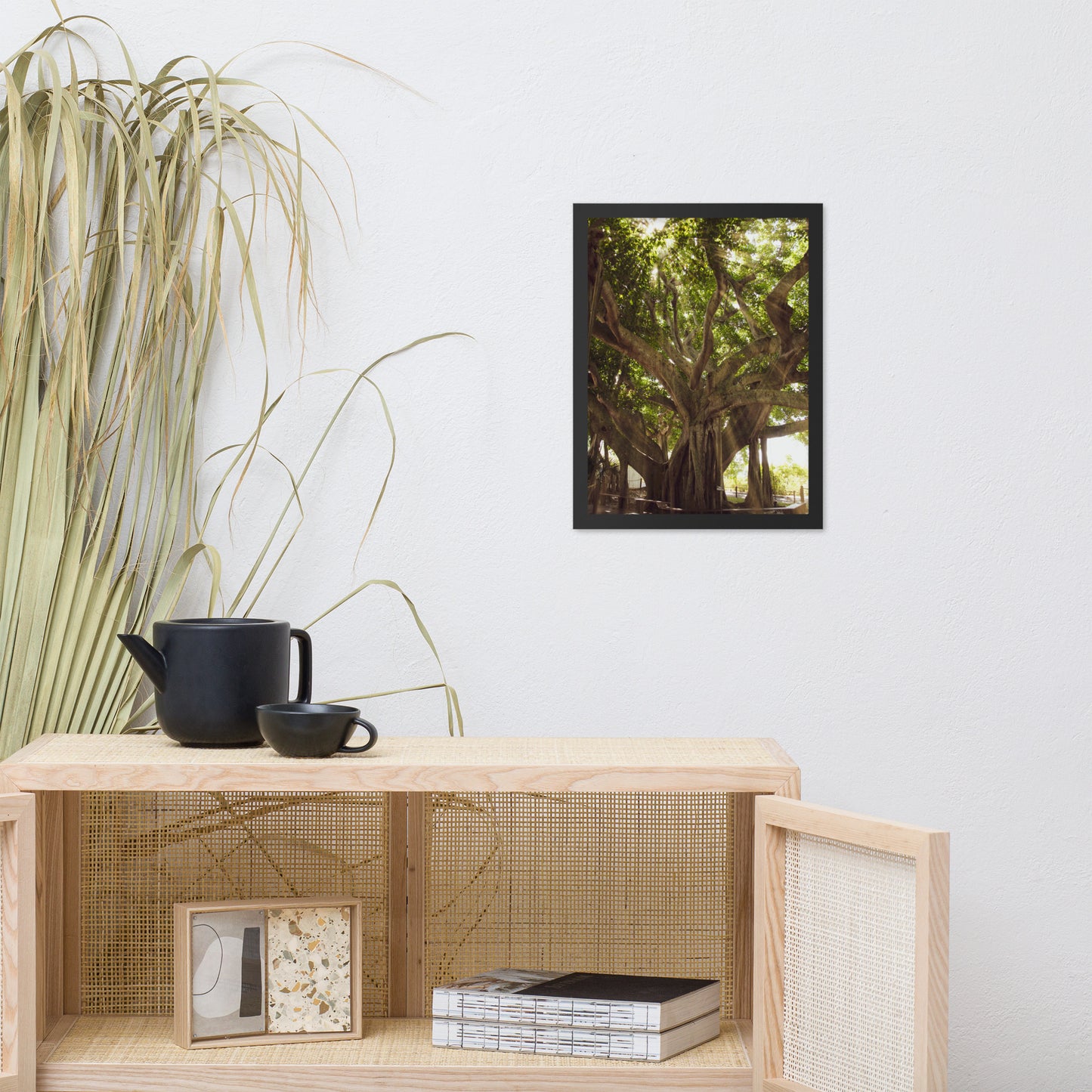 Banyan Tree With Glory Rays of Sunlight Tropical Botanical Nature Photo Framed Wall Art Print