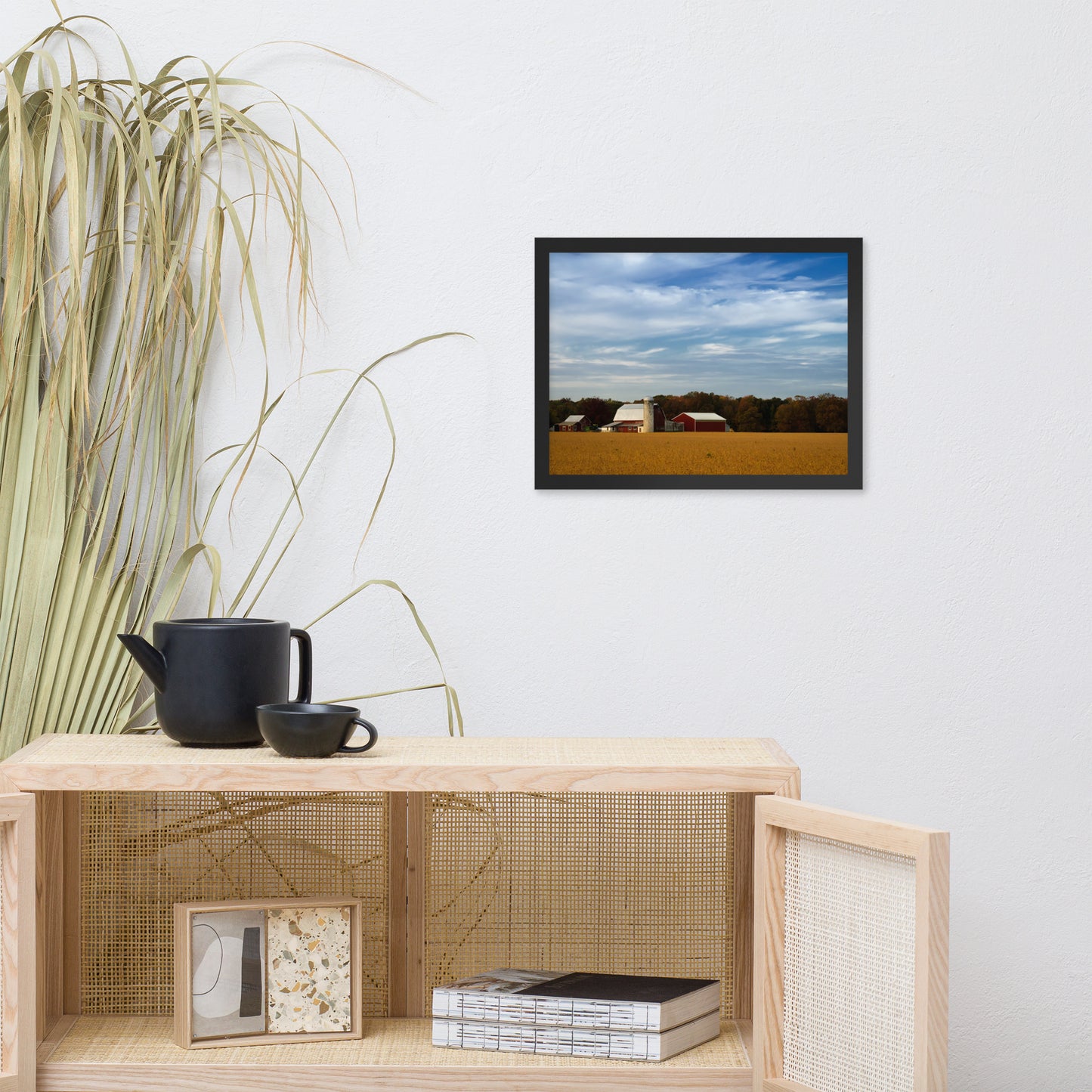Red Barn in Golden Field Rural Landscape Framed Photo Paper Wall Art Prints