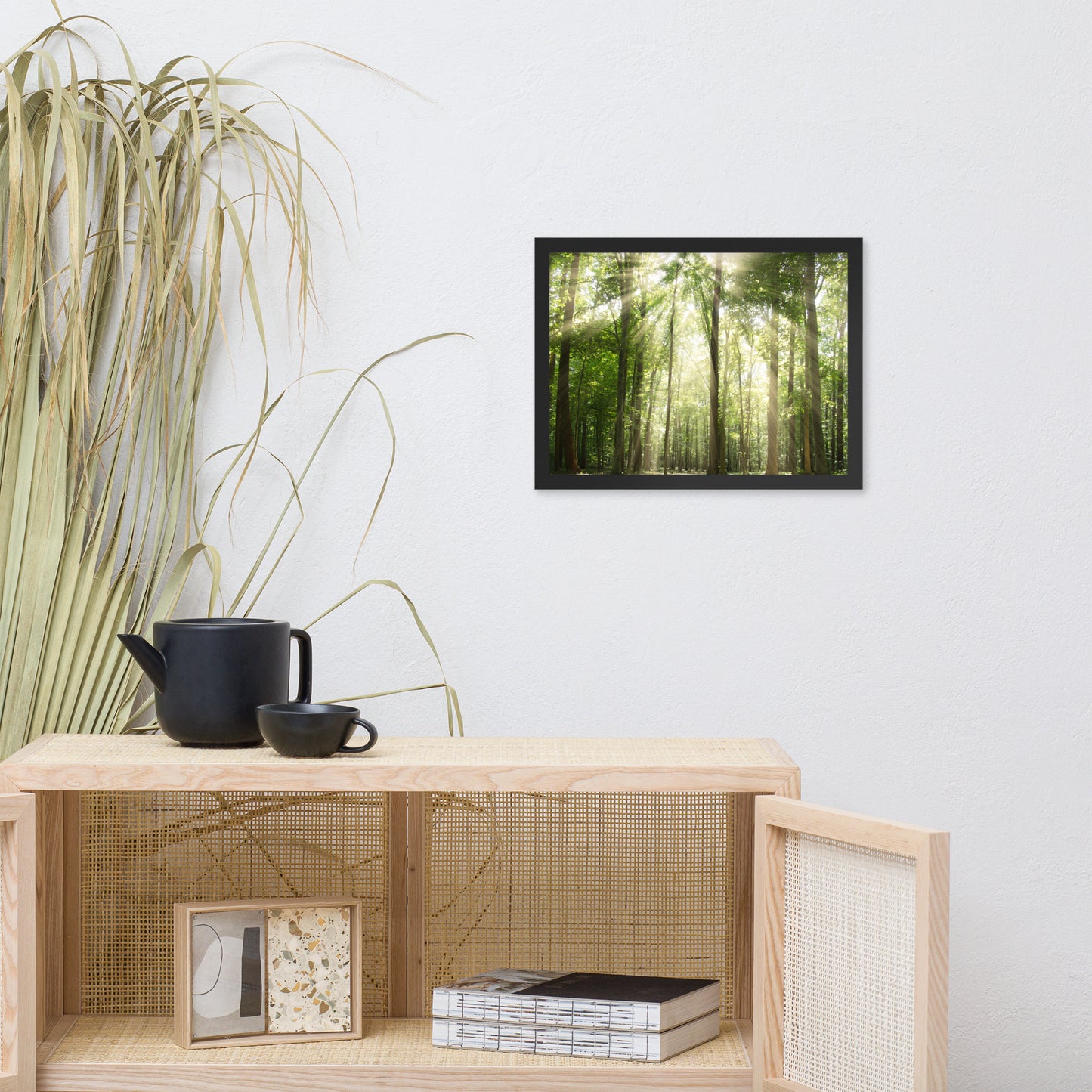 Sun Rays Through Treetops in the Forest Framed Photo Paper Wall Art Prints