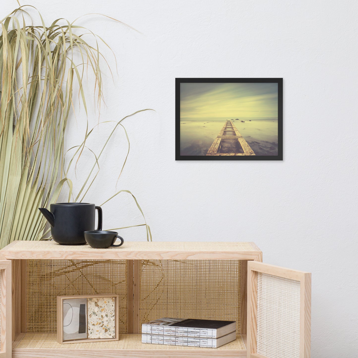 Moody Ocean and Sky Wooden Pier With Intrigued Trance Effects Framed Wall Art Prints