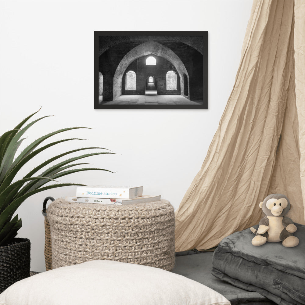 Vintage Industrial Wall Art: Fort Clinch Bunker Room Black and White 2 Architecture Photo Framed Wall Art Print