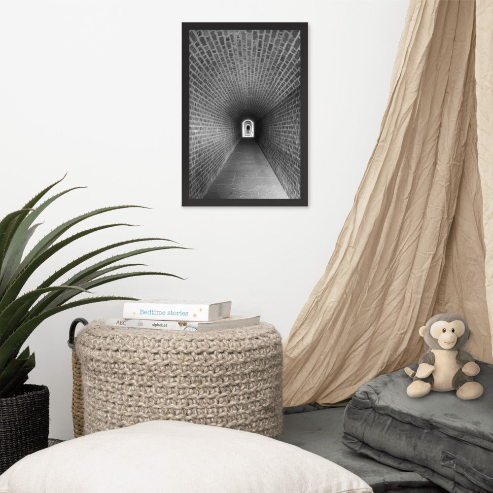 Industrial Bedroom Art: Fort Clinch Tunnel Black and White Photo Framed Wall Art Print