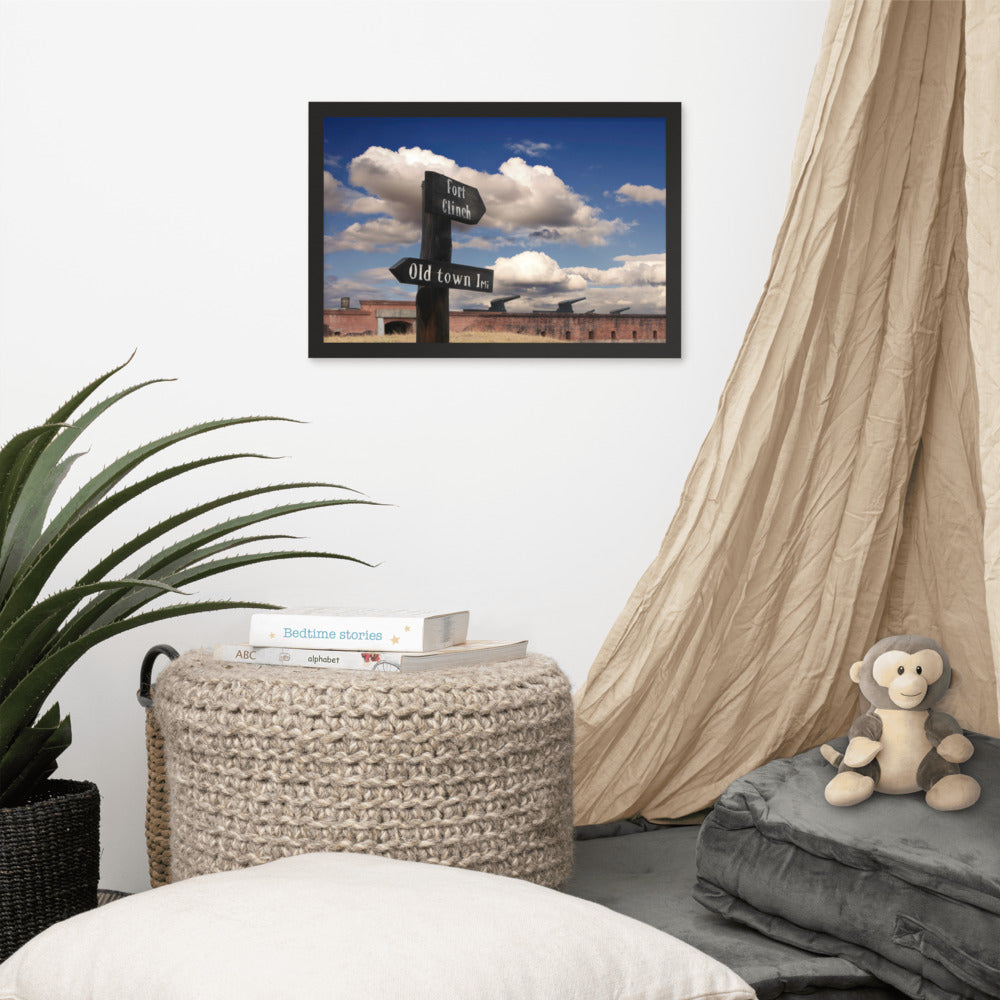 Vintage Industrial Wall Art: Path Sign and Fort Clinch Urban Landscape Photo Framed Wall Art Print