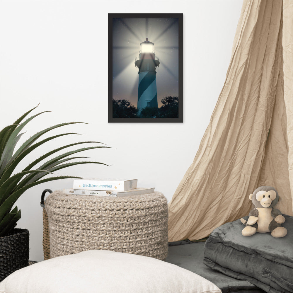 White Coastal Wall Art: St. Augustine Lighthouse Night Light Photo Framed Wall Art Print
