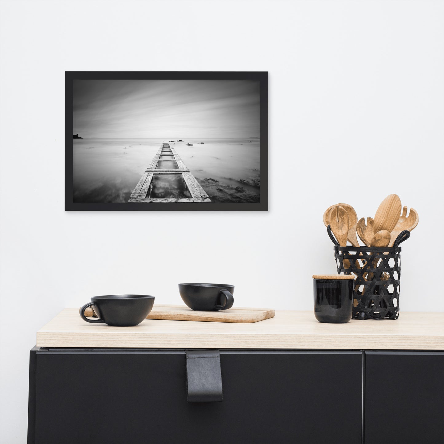 Moody Ocean and Sky Wooden Pier Black and White Framed Wall Art Prints