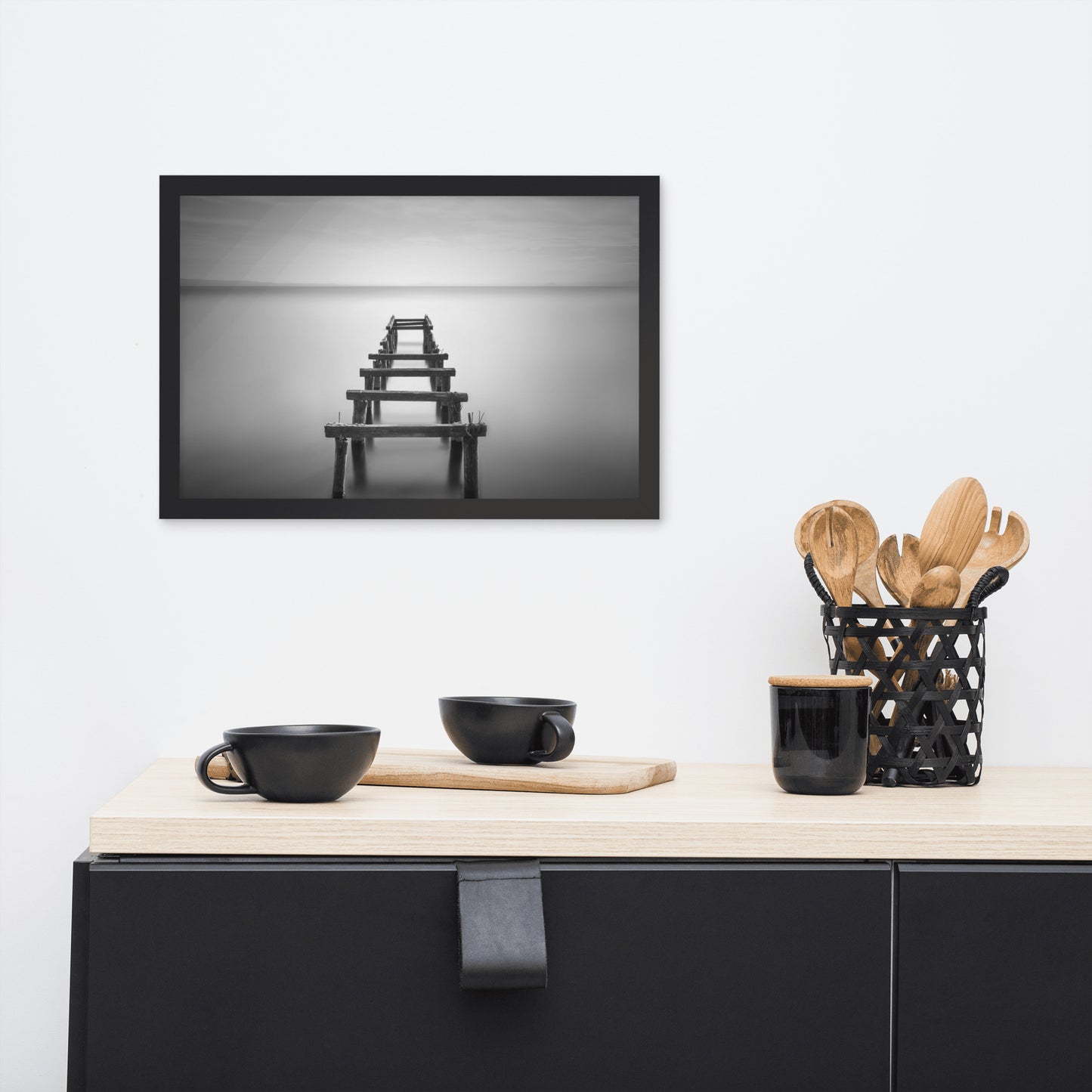 Soft Lake and Abandoned Pier Black and White Framed Wall Art Prints