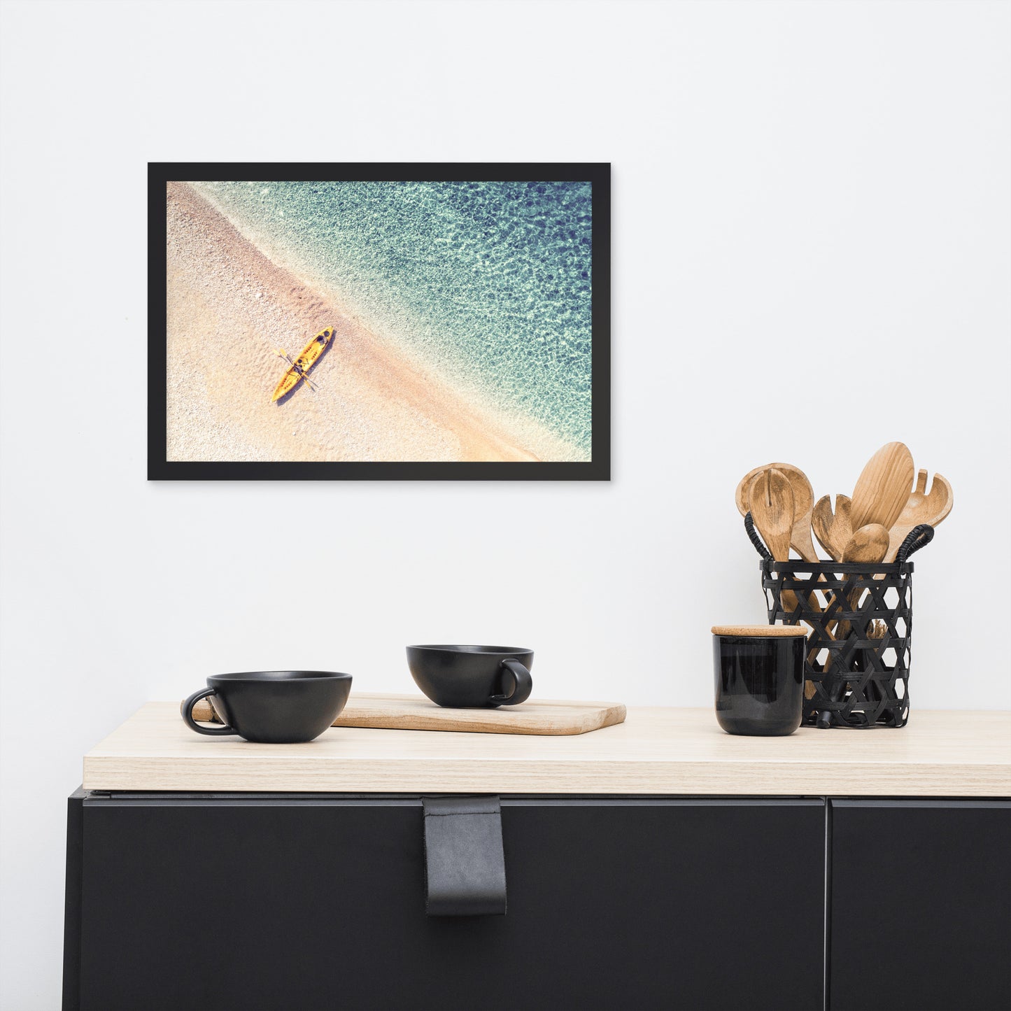 Yellow Canoe and Blue Sea by with Soft Violet Effect Framed Wall Art Prints