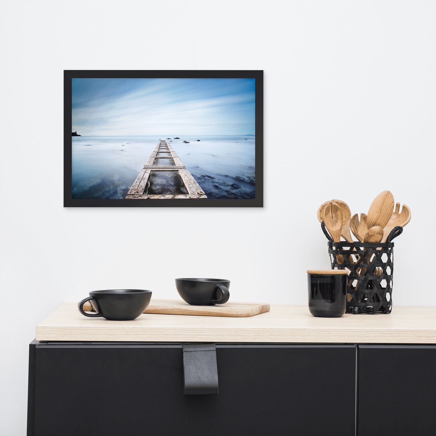 Moody Ocean and Sky Wooden Pier Framed Wall Art Prints