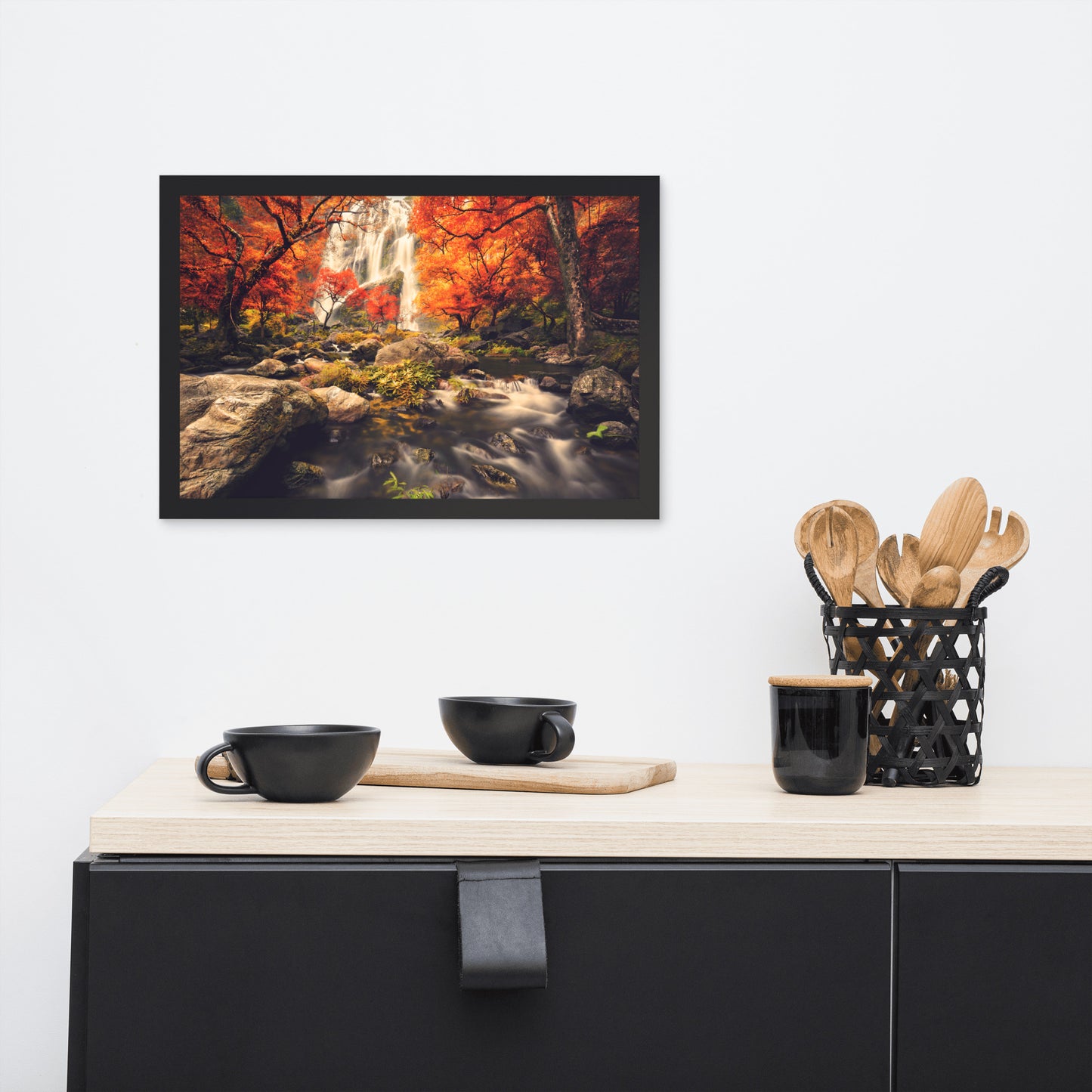 Waterfall in the Autumn with Golden Shadow Effect Framed Wall Art Prints