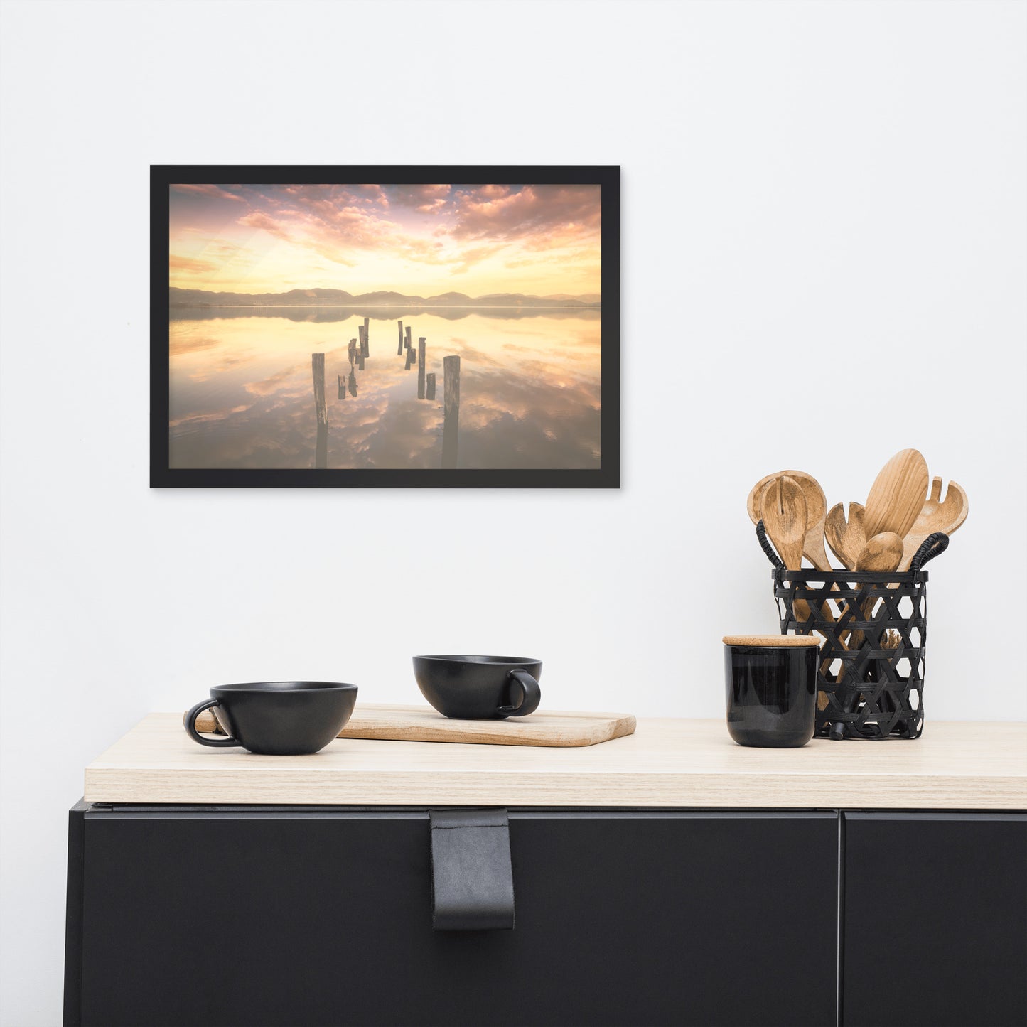 Sunset Pillars and Reflections on Lake Framed Wall Art Print