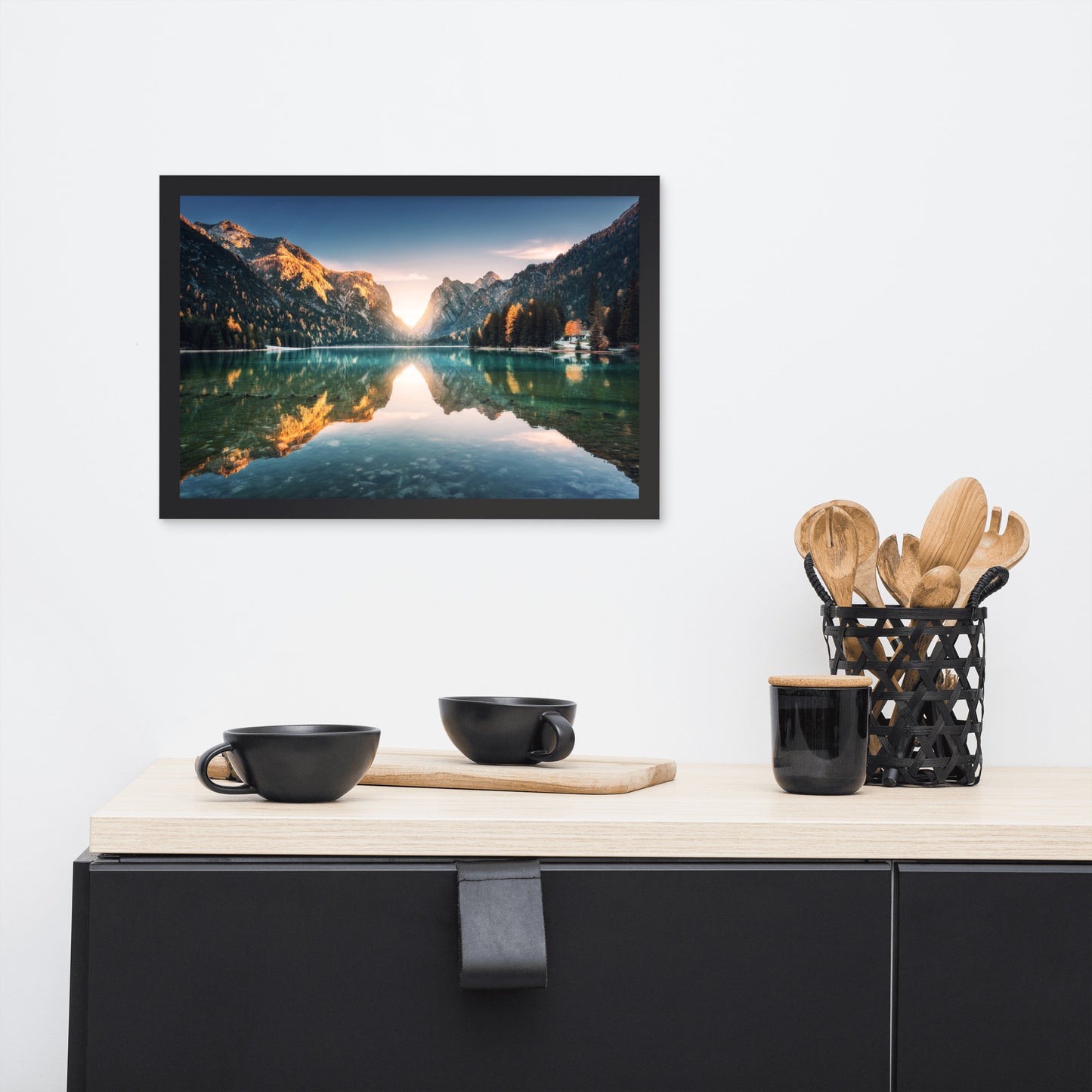 Sunrise Misty Mountain Lake Lively Color Effect Framed Wall Art Print