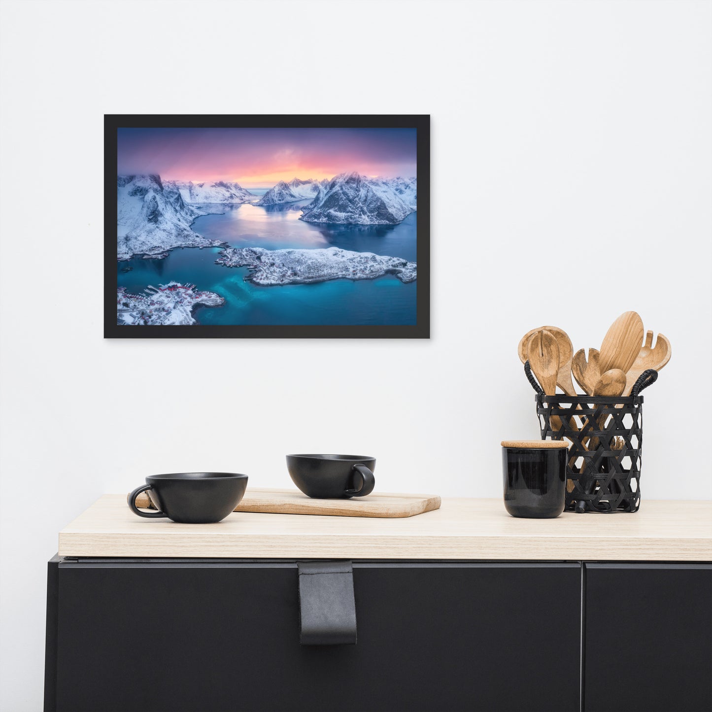 Reine at Winter Sunset Icy Mountain Framed Wall Art Print