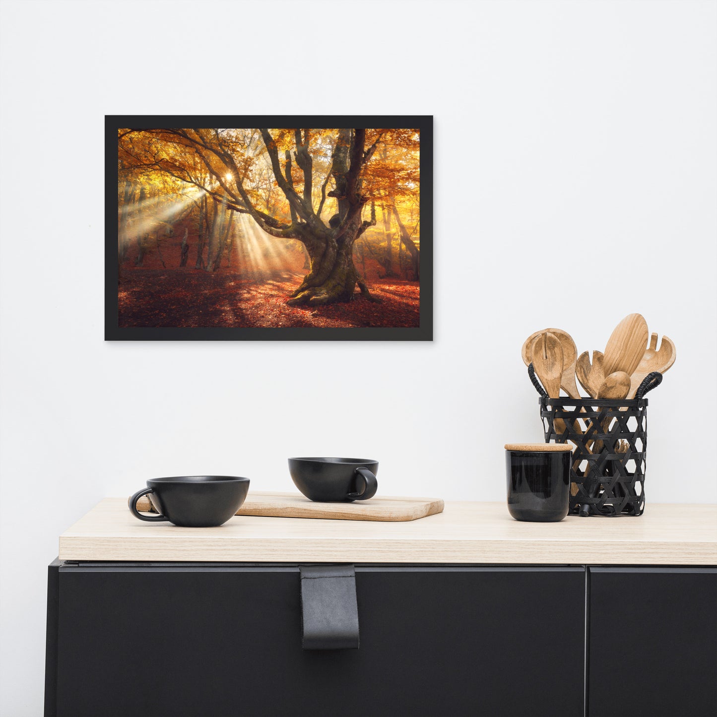 Old Magical Tree in Forest with Glory Rays Framed Wall Art Print