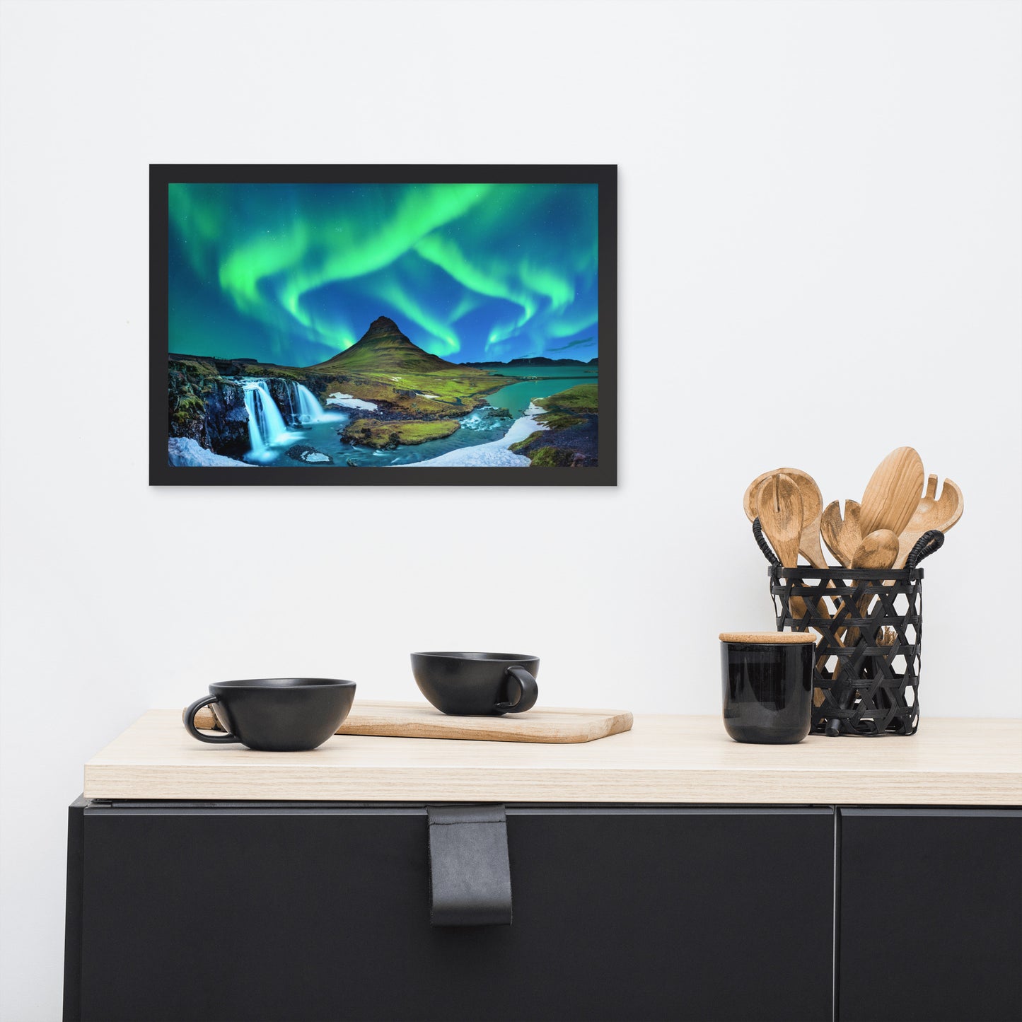 Winter Mountain Northern Lights Framed Wall Art Print