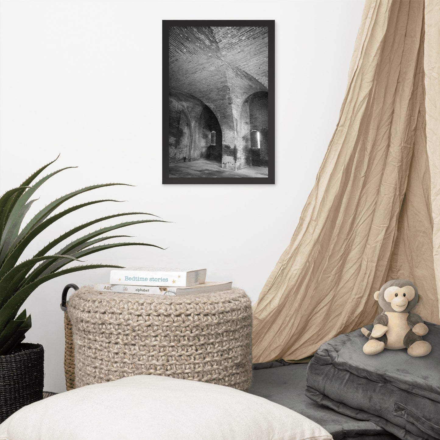 Fort Clinch Bunker Room Black and White Architecture Photograph Framed Wall Art Print