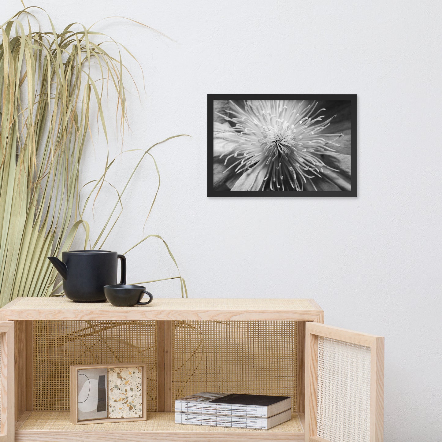 Center of Clematis Black and White Floral Nature Photo Framed Wall Art Print
