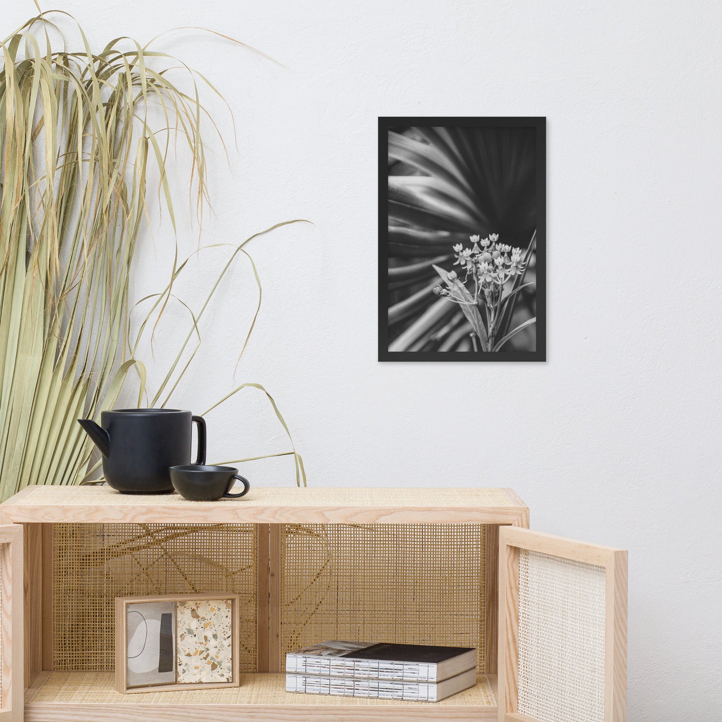 Bloodflowers and Palm Black and White Framed Wall Art Print