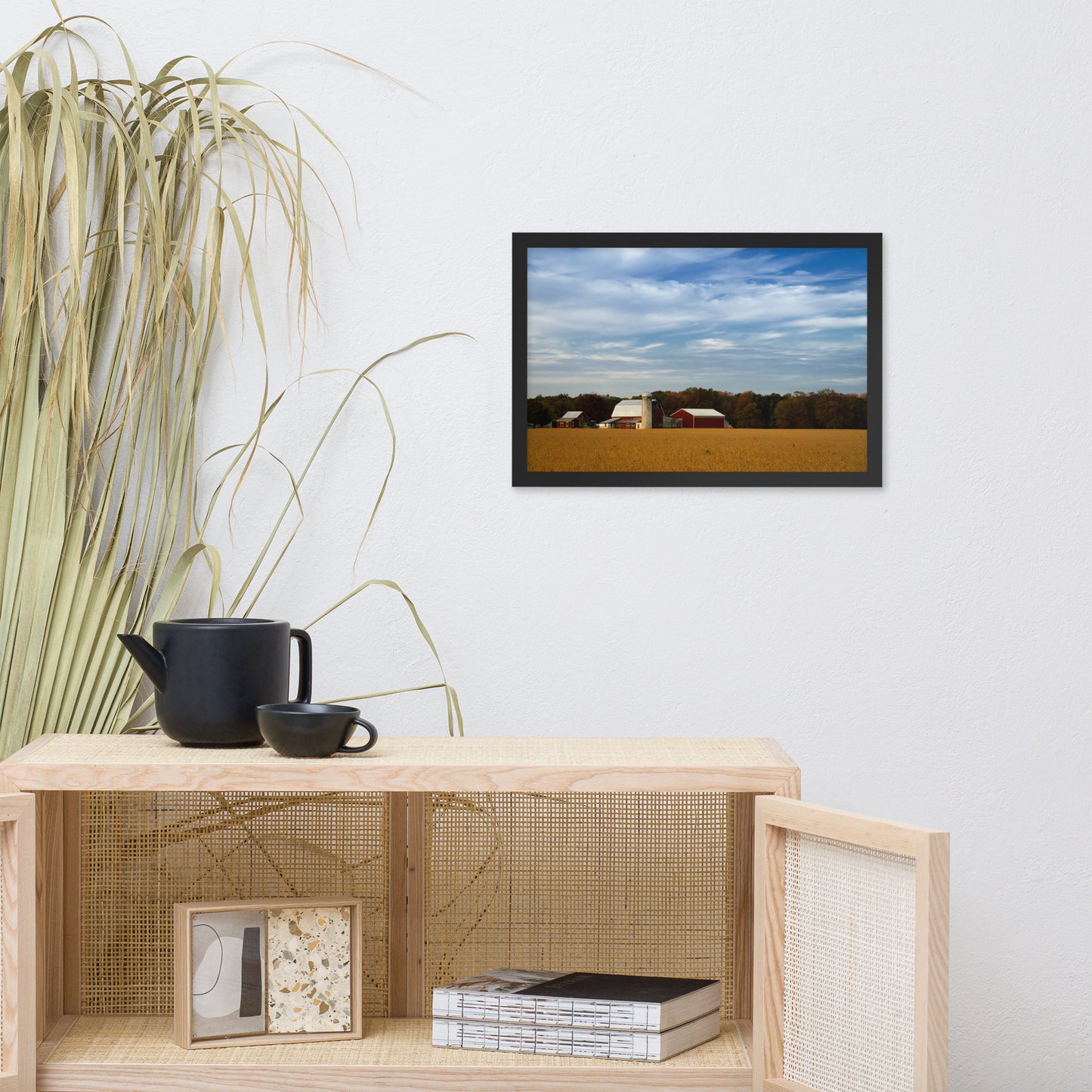 Red Barn in Golden Field Rural Landscape Framed Photo Paper Wall Art Prints