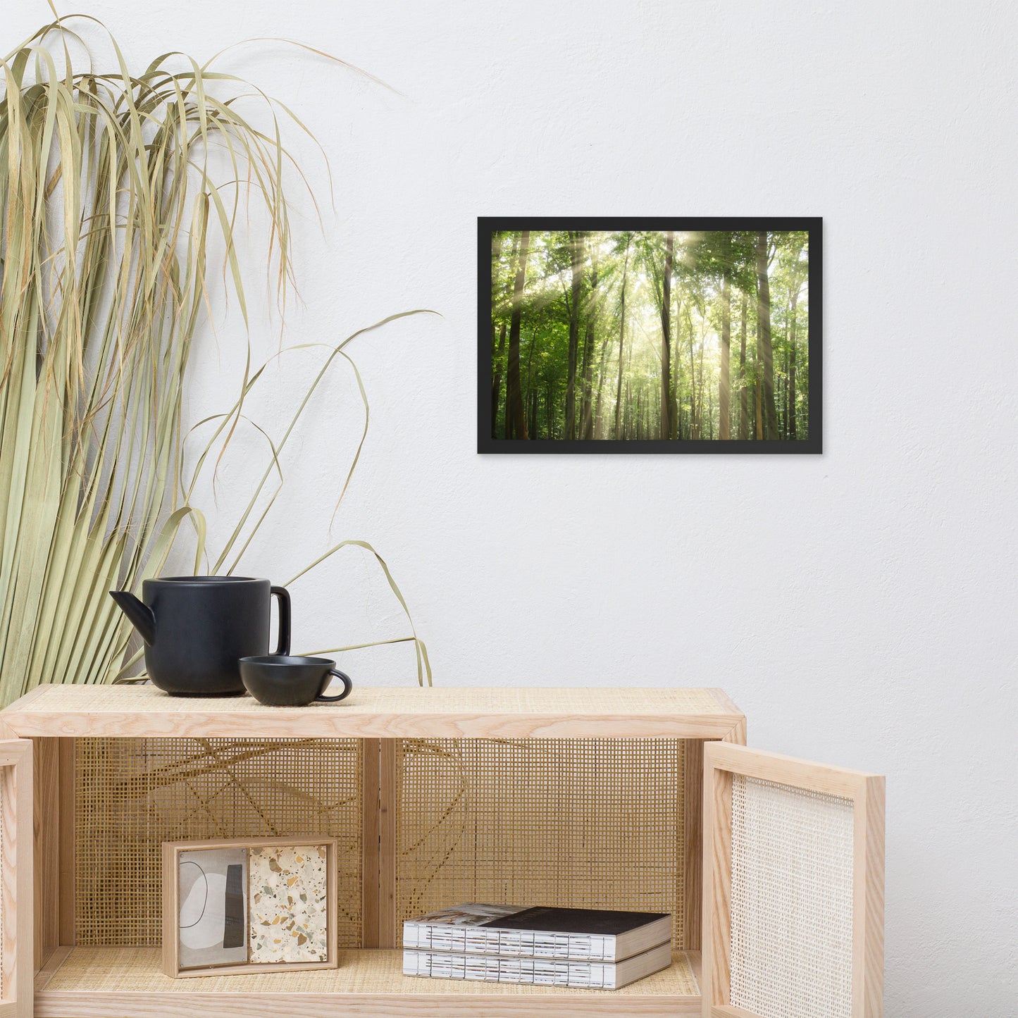 Sun Rays Through Treetops in the Forest Framed Photo Paper Wall Art Prints