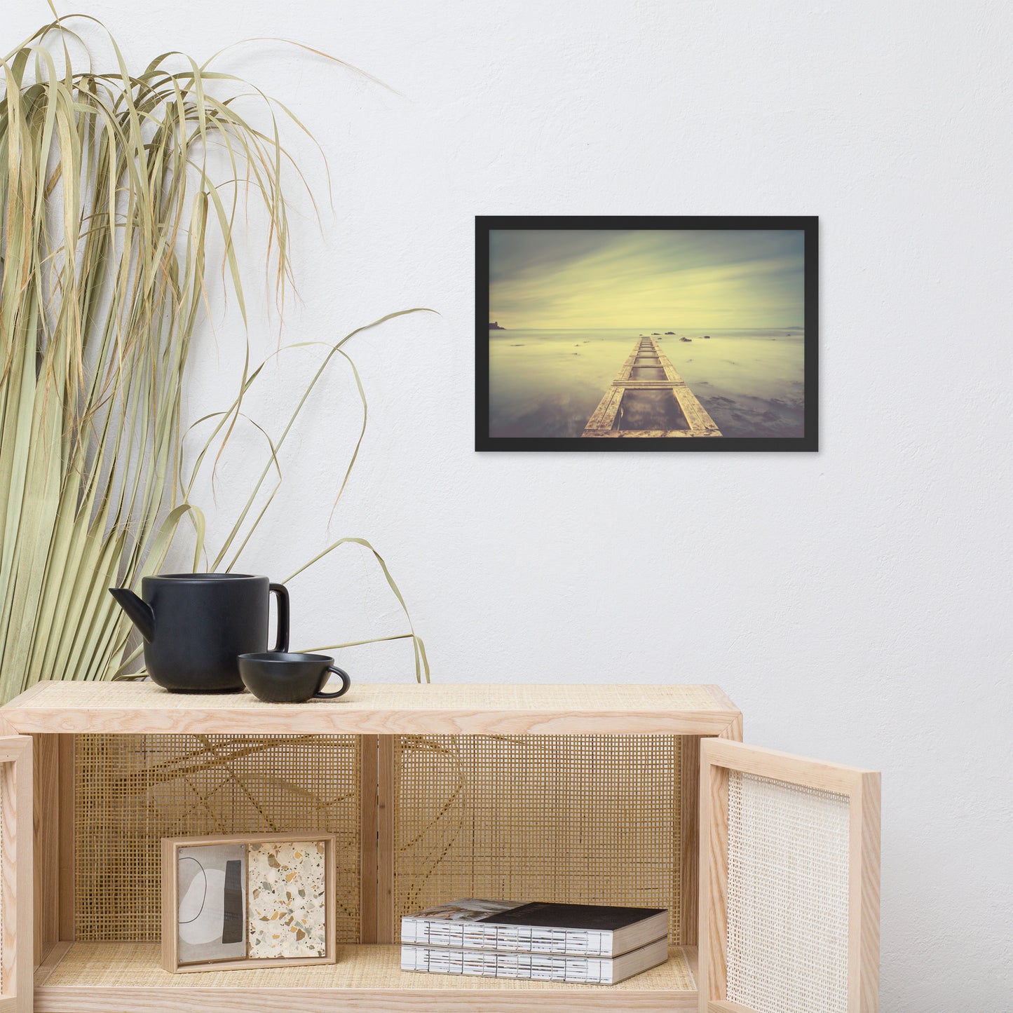 Moody Ocean and Sky Wooden Pier With Intrigued Trance Effects Framed Wall Art Prints
