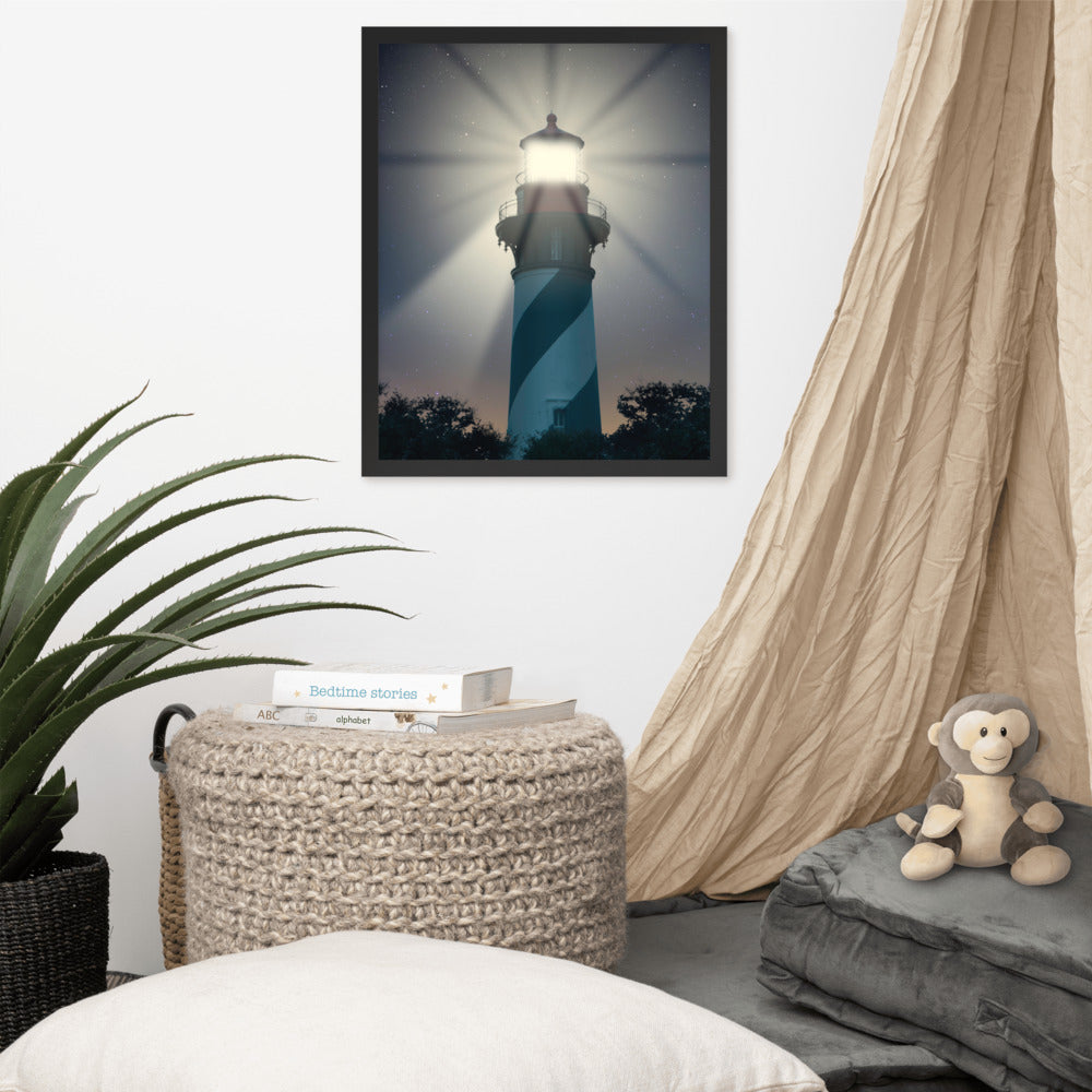 Small Nautical Wall Decor: St. Augustine Lighthouse Night Light Photo Framed Wall Art Print