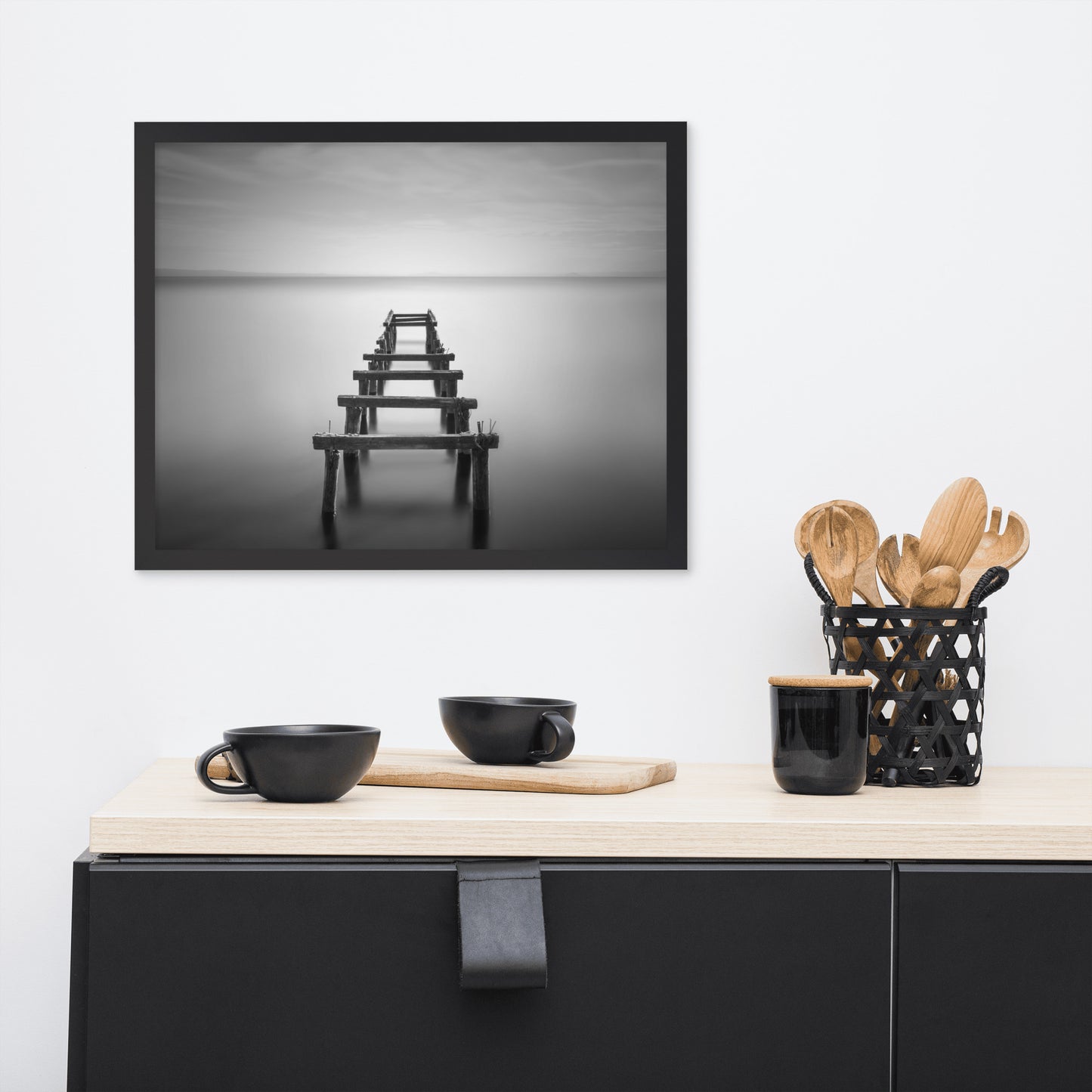 Soft Lake and Abandoned Pier Black and White Framed Wall Art Prints