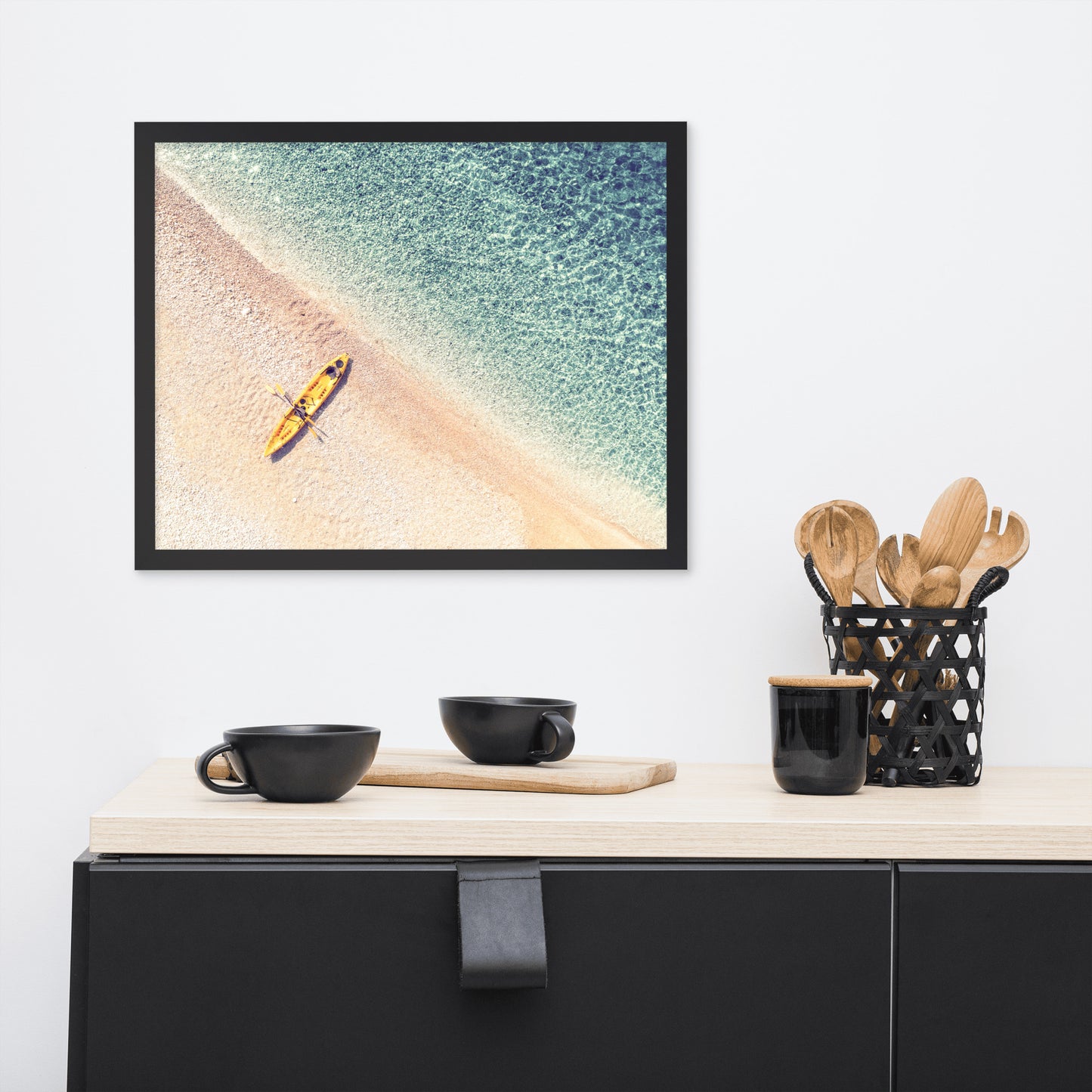 Yellow Canoe and Blue Sea by with Soft Violet Effect Framed Wall Art Prints