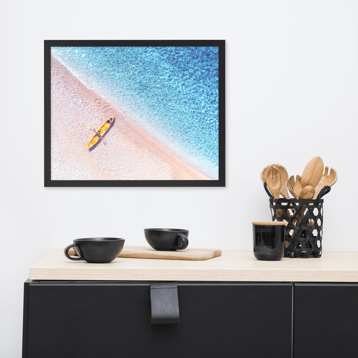 Yellow Canoe and Blue Sea with Violet Glow Effect Framed Wall Art Prints